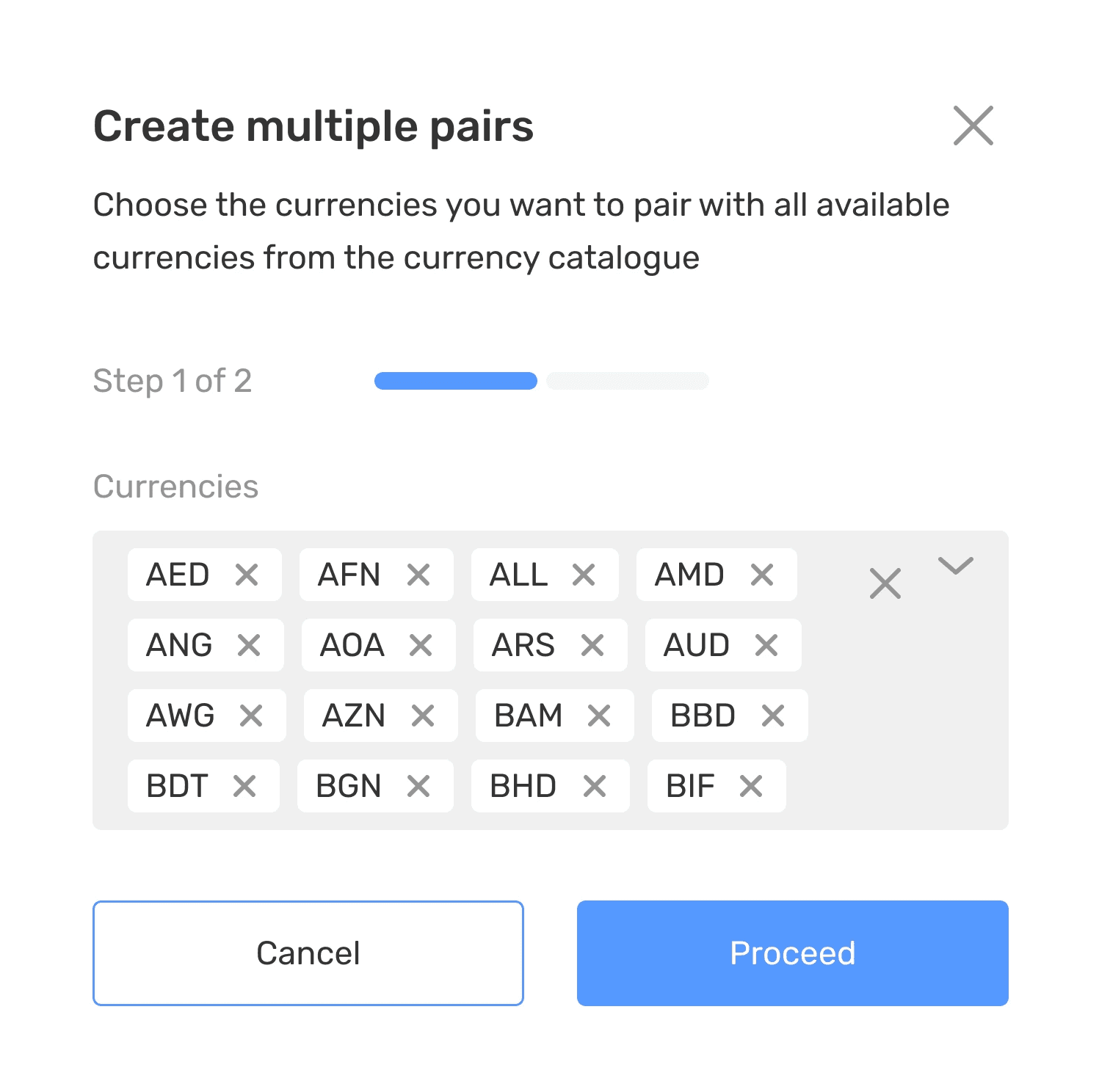 Create multiple currency pairs dialog