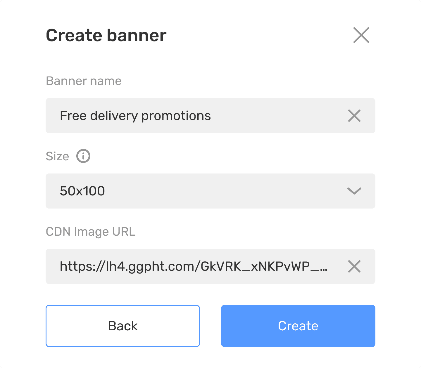 Create banner dialog with banner name, size and CDN image URL