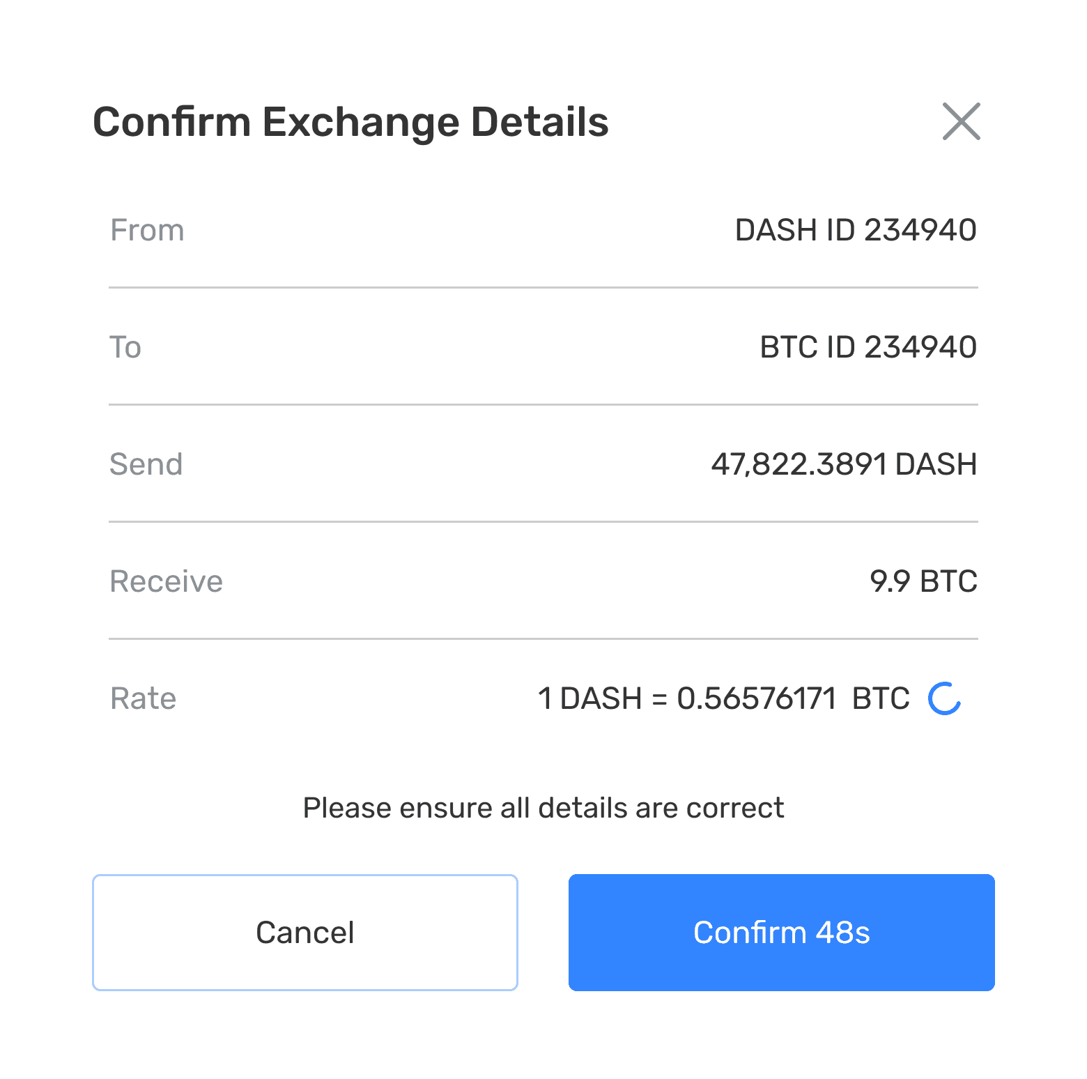 Confirm exchange details dialog showing the live rate