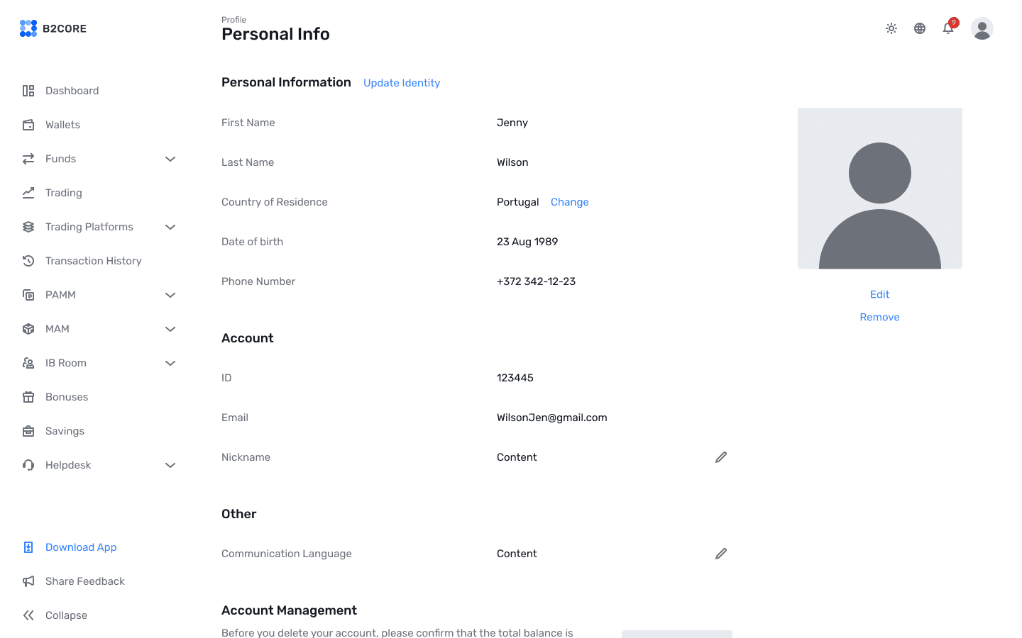 B2CORE profile personal information and account details