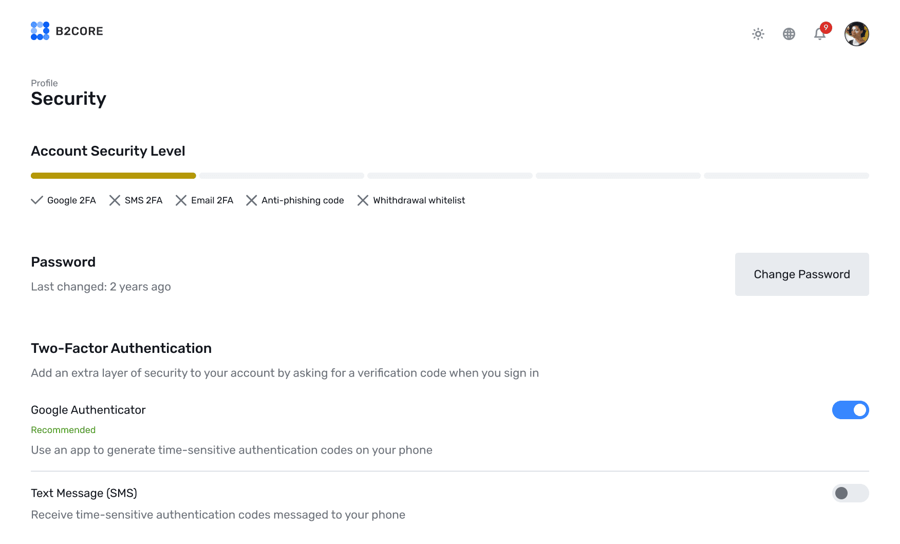 B2CORE security screen with Google Authenticator and SMS 2FA toggles