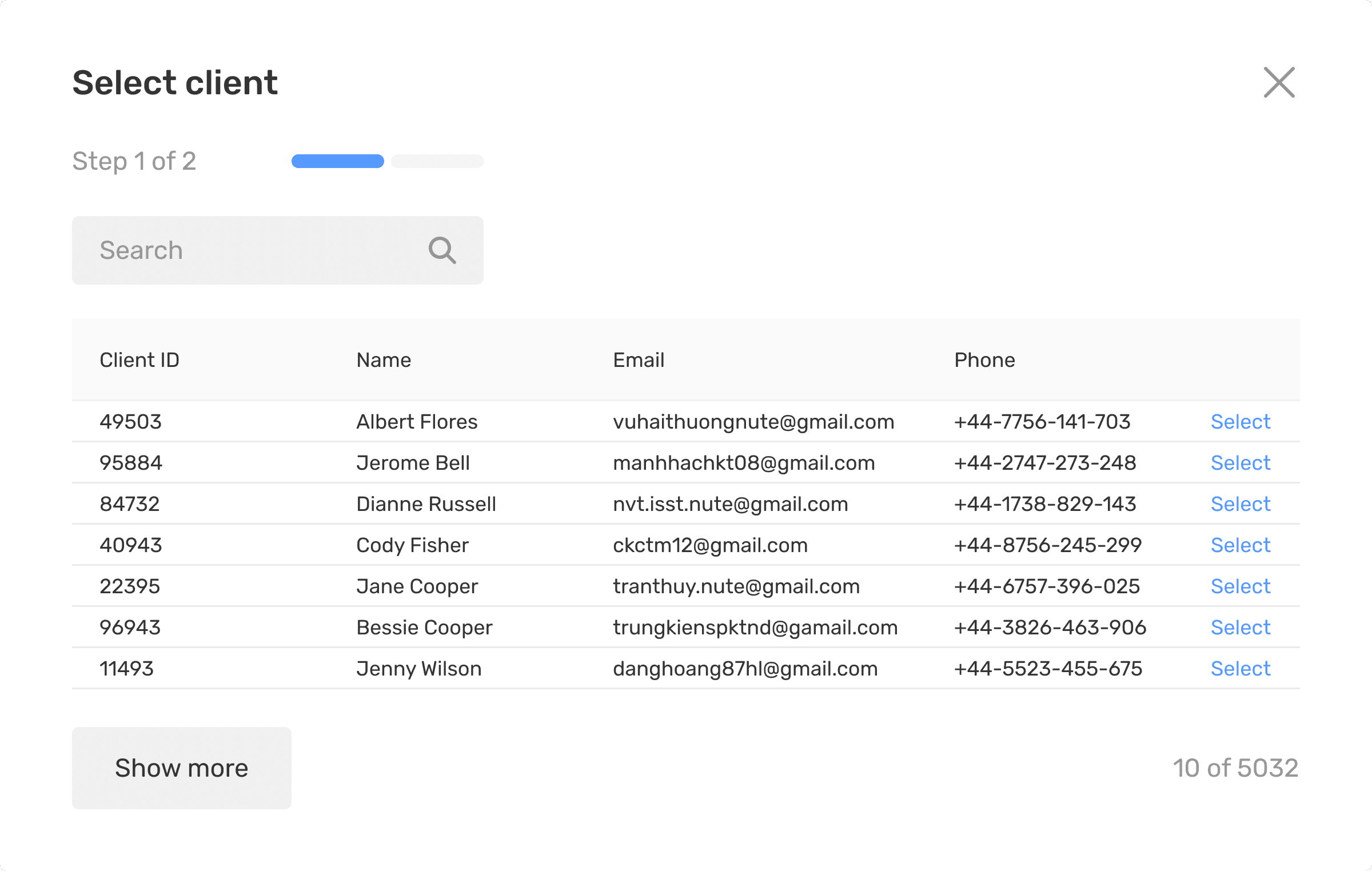 Select client dialog with searchable client list for manual verification