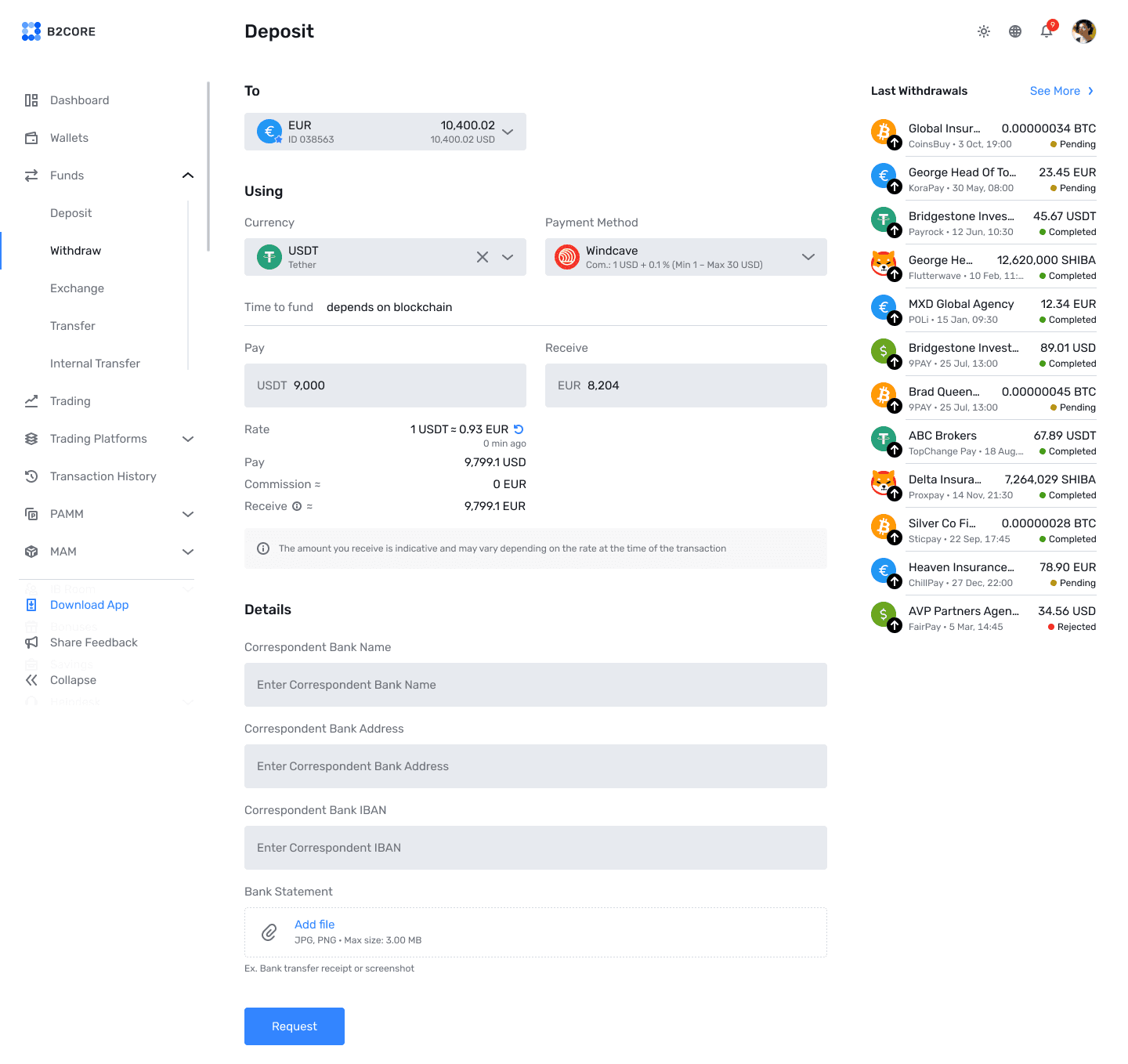 B2CORE deposit screen with currency, payment method and conversion details