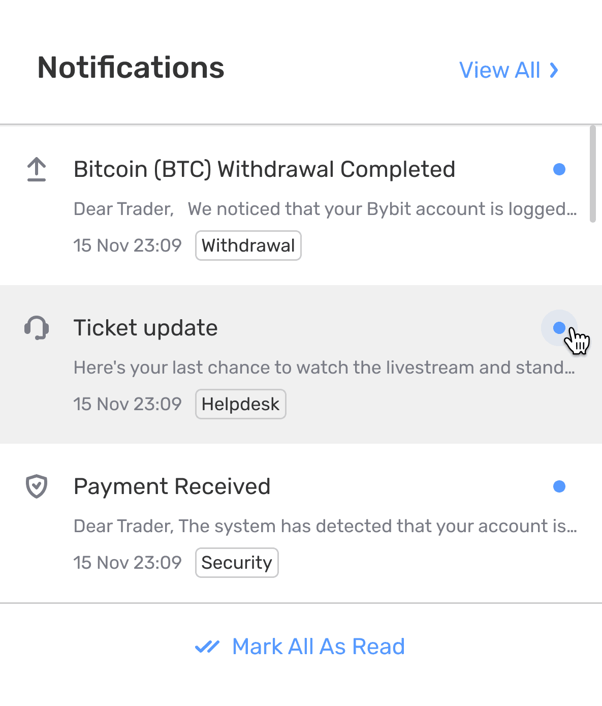 B2CORE notifications panel