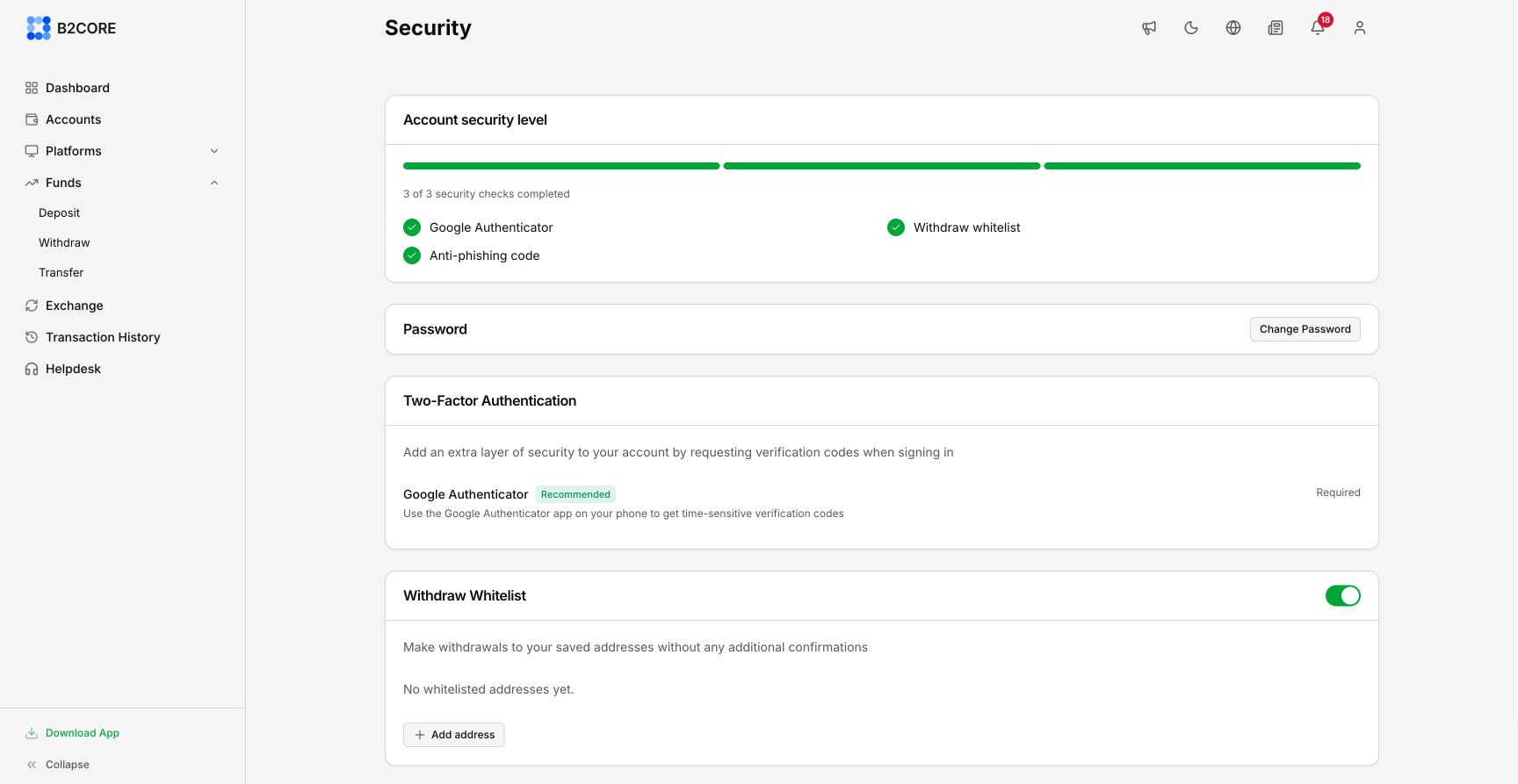 B2CORE security screen with Google Authenticator required and a withdraw whitelist toggle