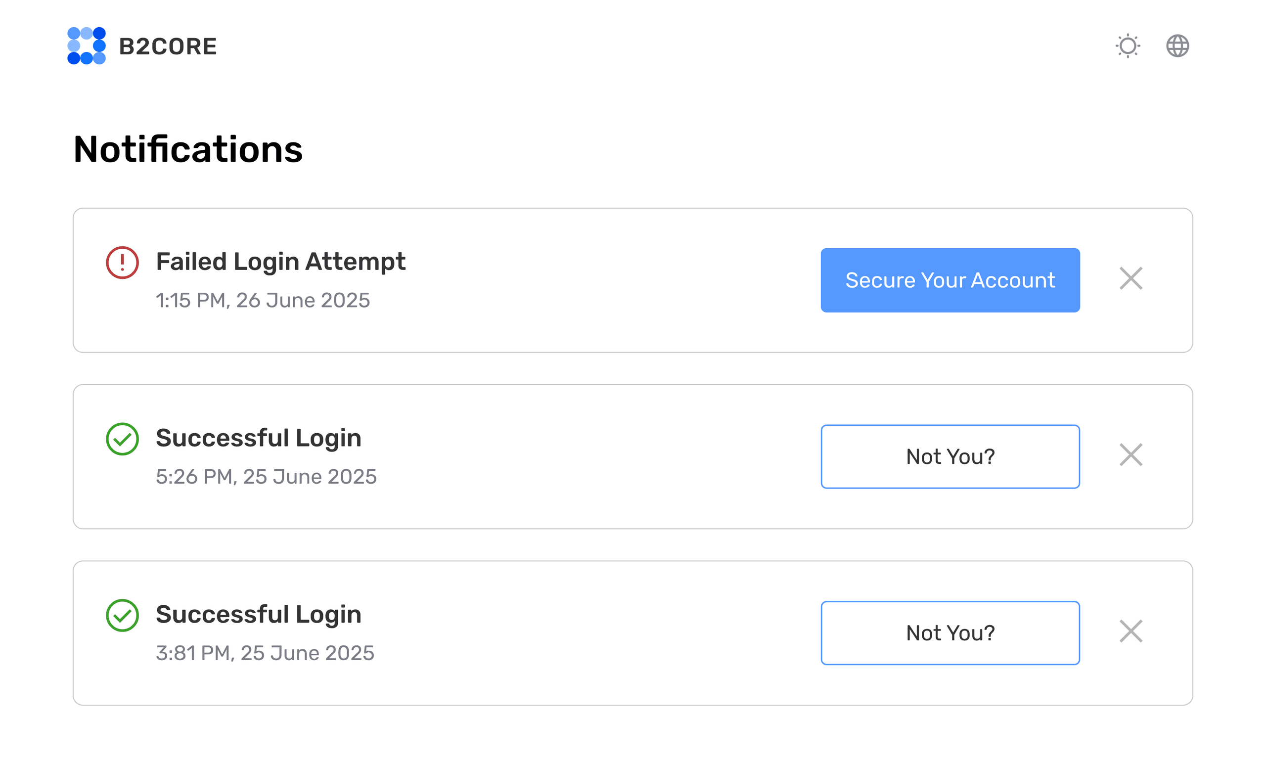 Notifications screen with failed and successful login alerts