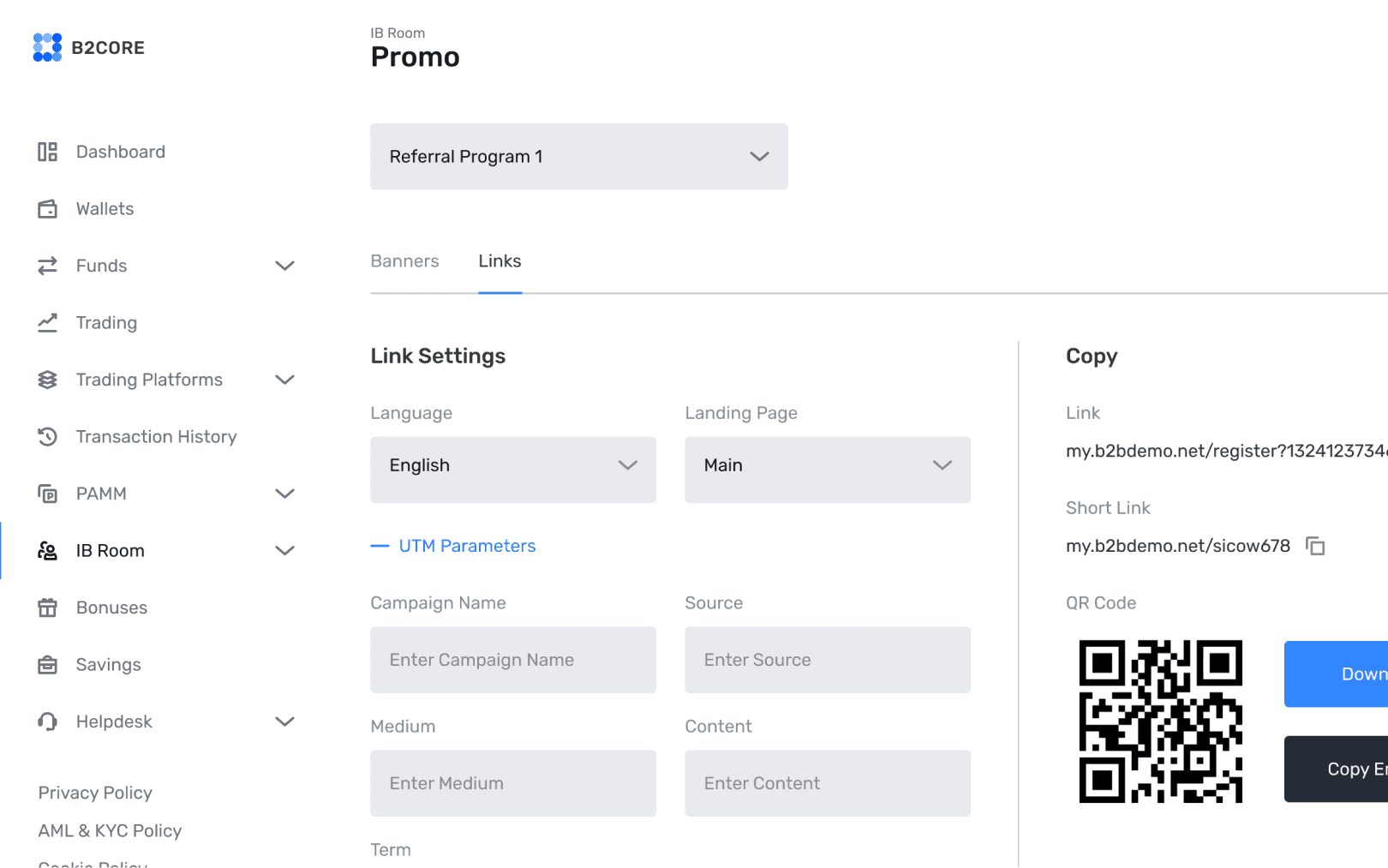 B2CORE IB Room — promo link settings with QR code