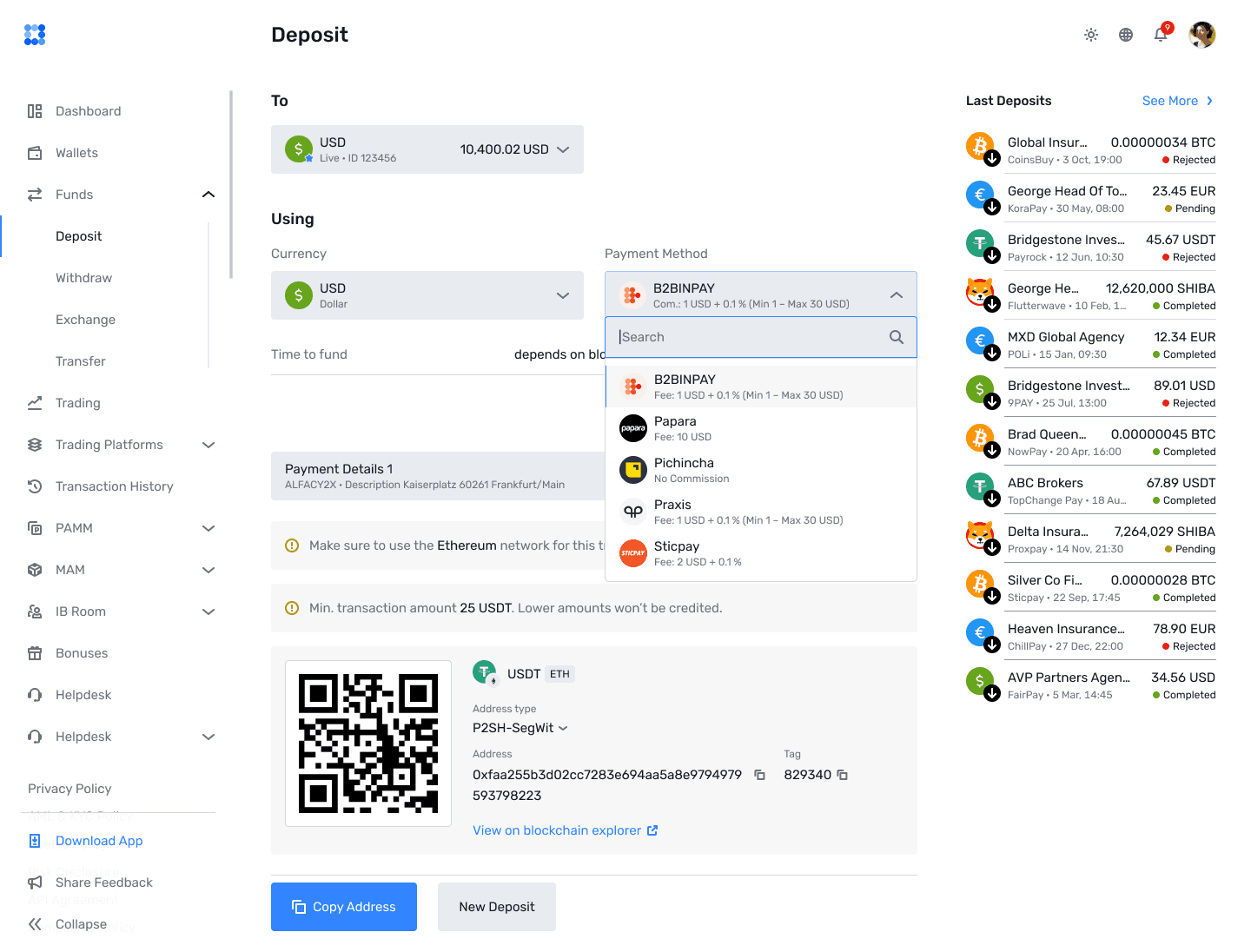 B2CORE deposit using B2BINPAY with a crypto QR code