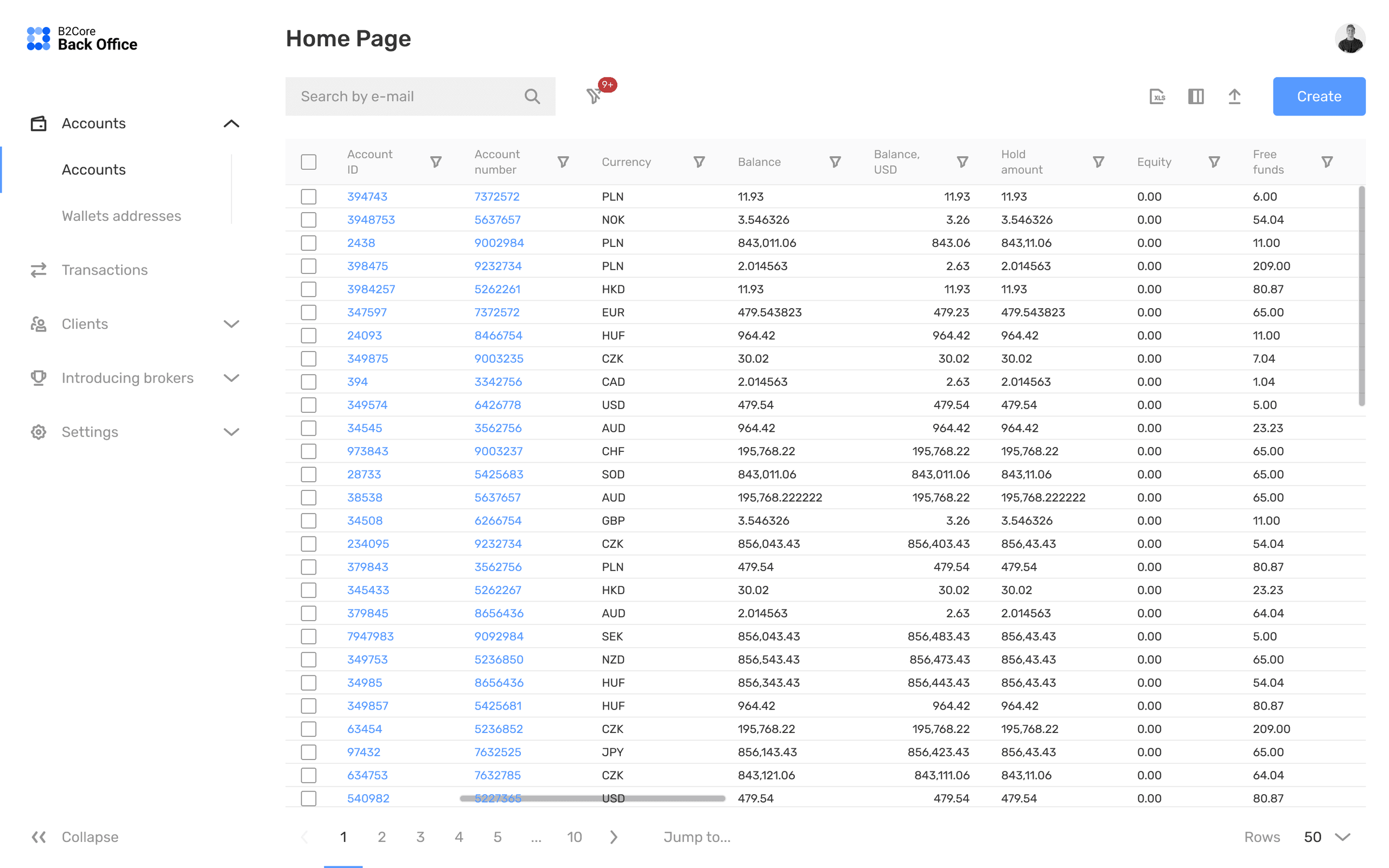 B2CORE Back Office accounts table with IDs, currencies, balances and free funds