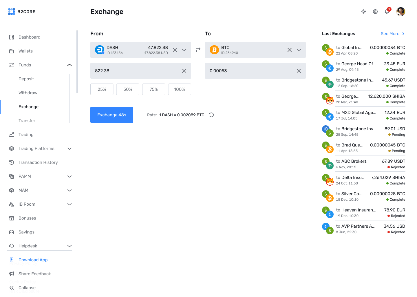 B2CORE exchange screen converting DASH to BTC with recent exchanges