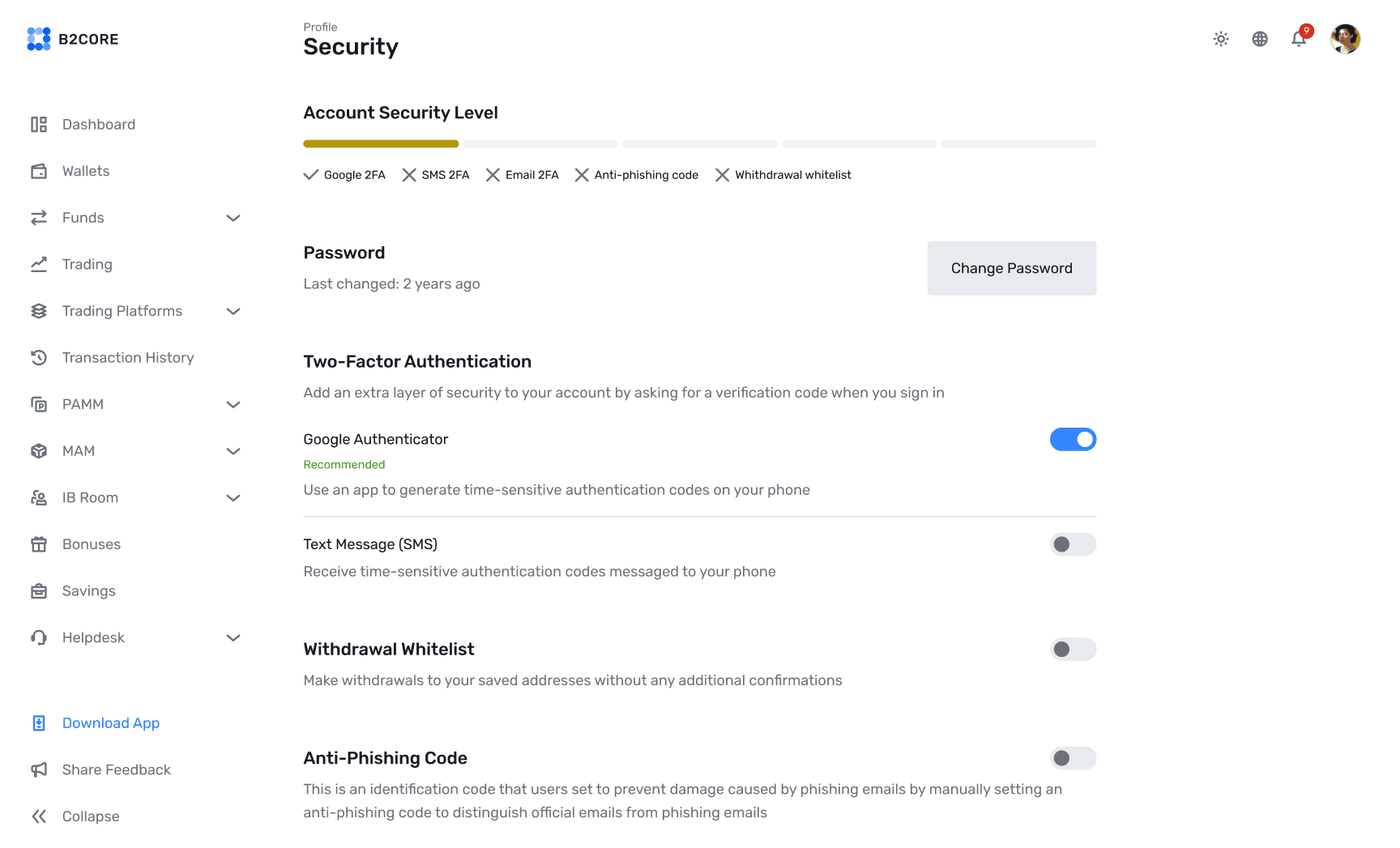 B2CORE profile security screen of the localisable Client Portal interface