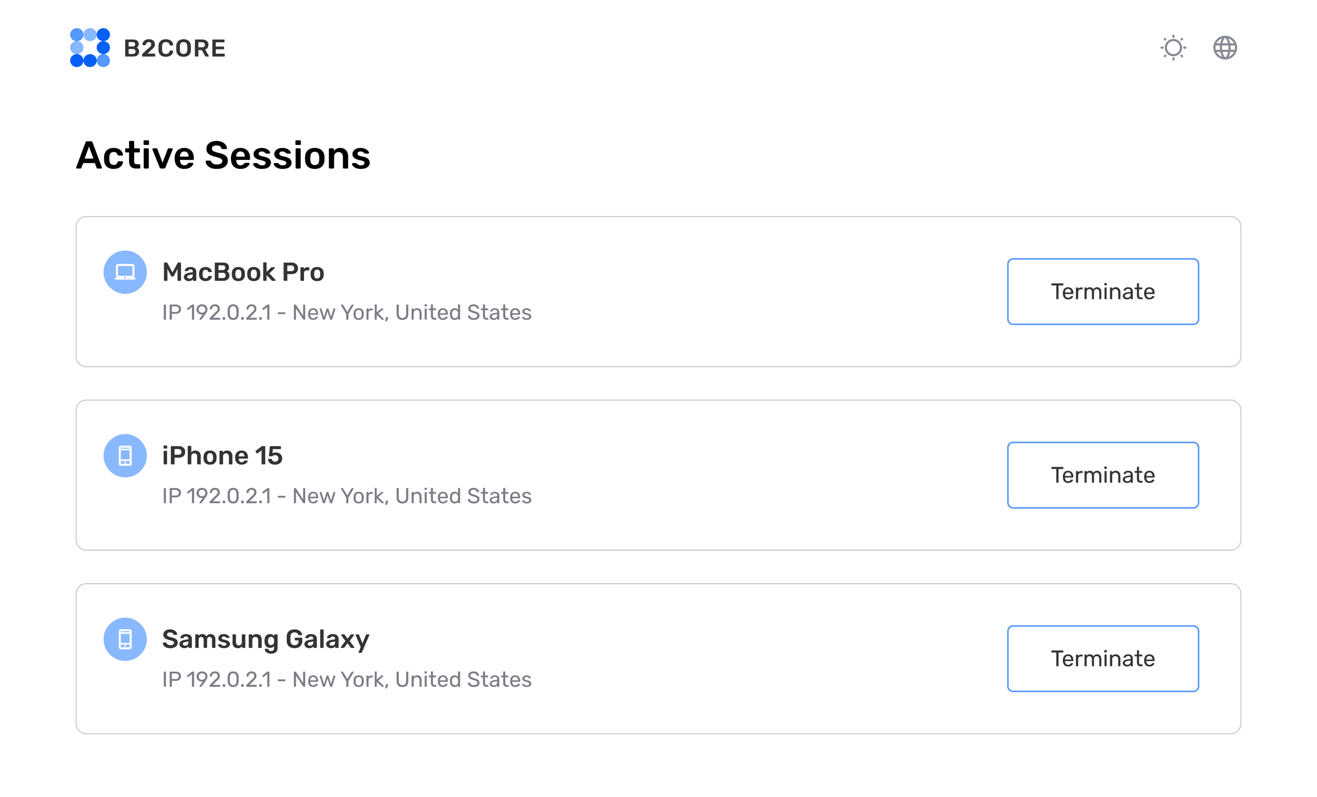 Active sessions list with terminate buttons