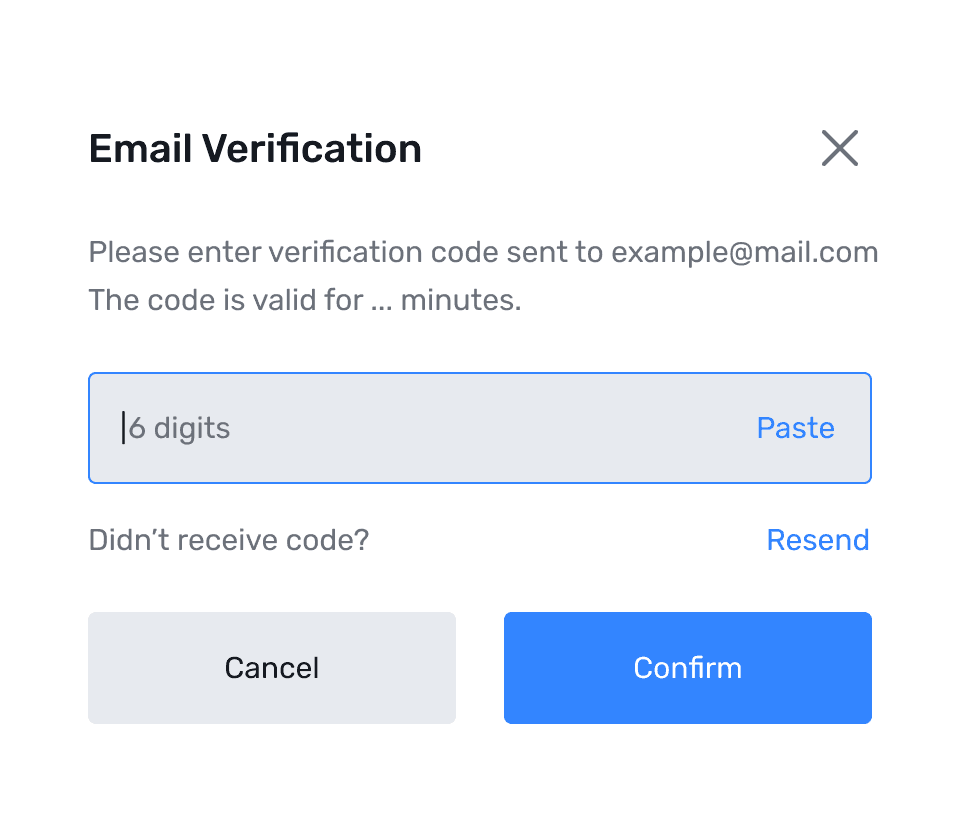 Email verification code entry dialog