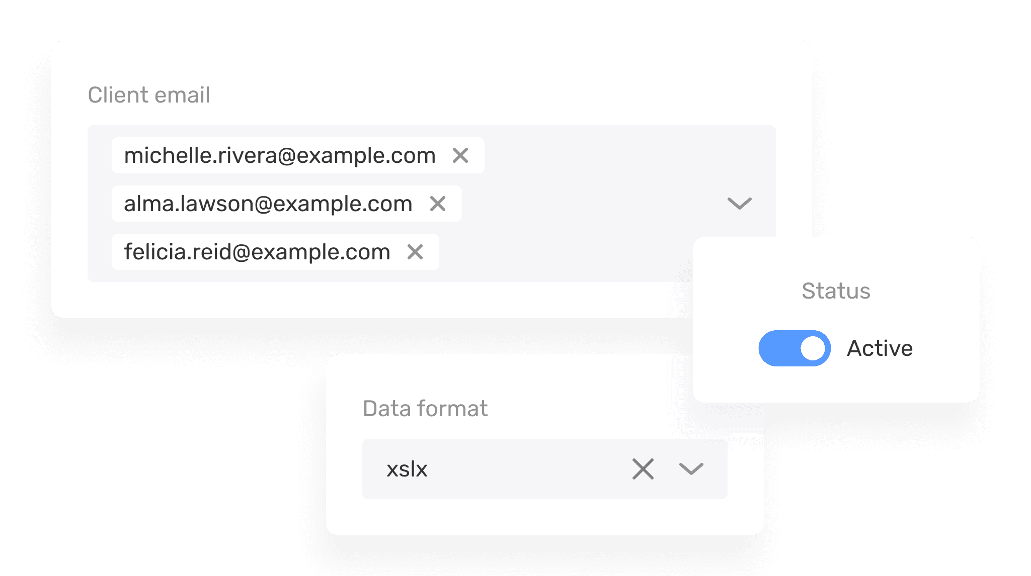 Report configuration with formats, email delivery and status tracking in B2CORE