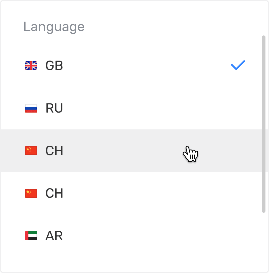 Language dropdown with country flags and the current selection checked