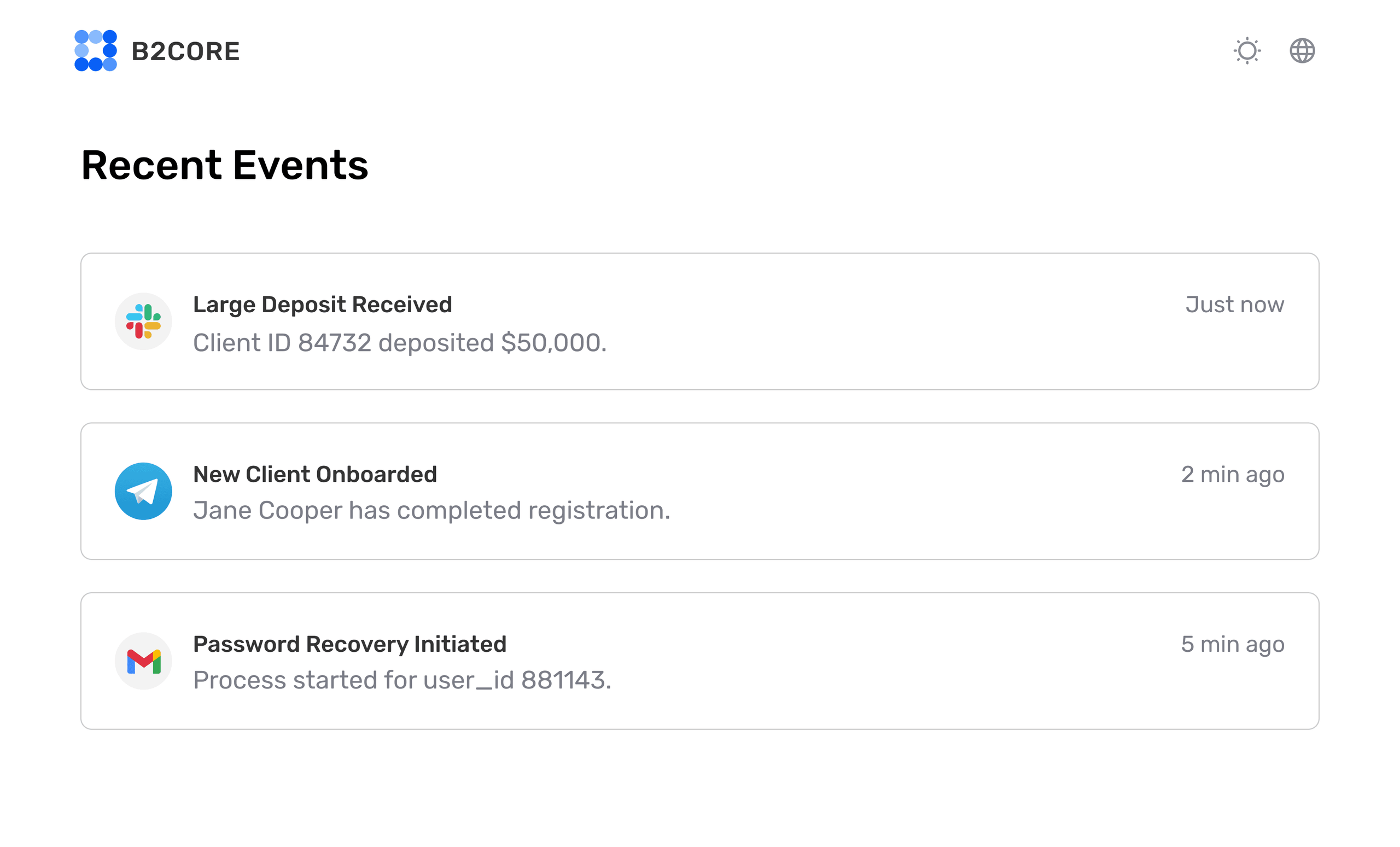B2CORE Back Office event notifications page with triggers and channels