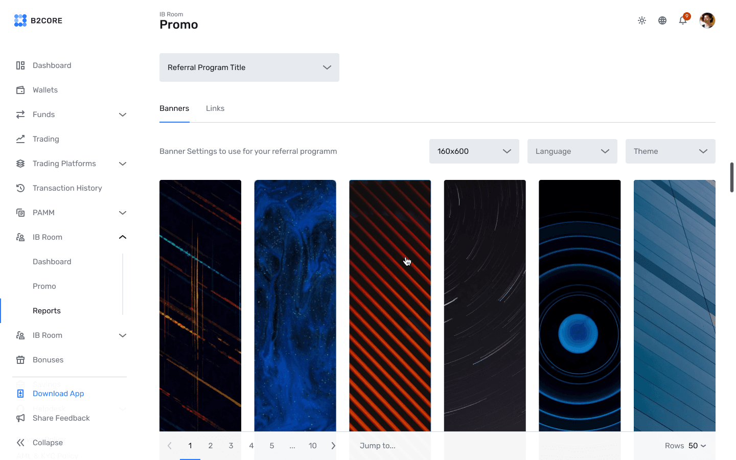 Promo banner management screen with banner size, language and theme settings