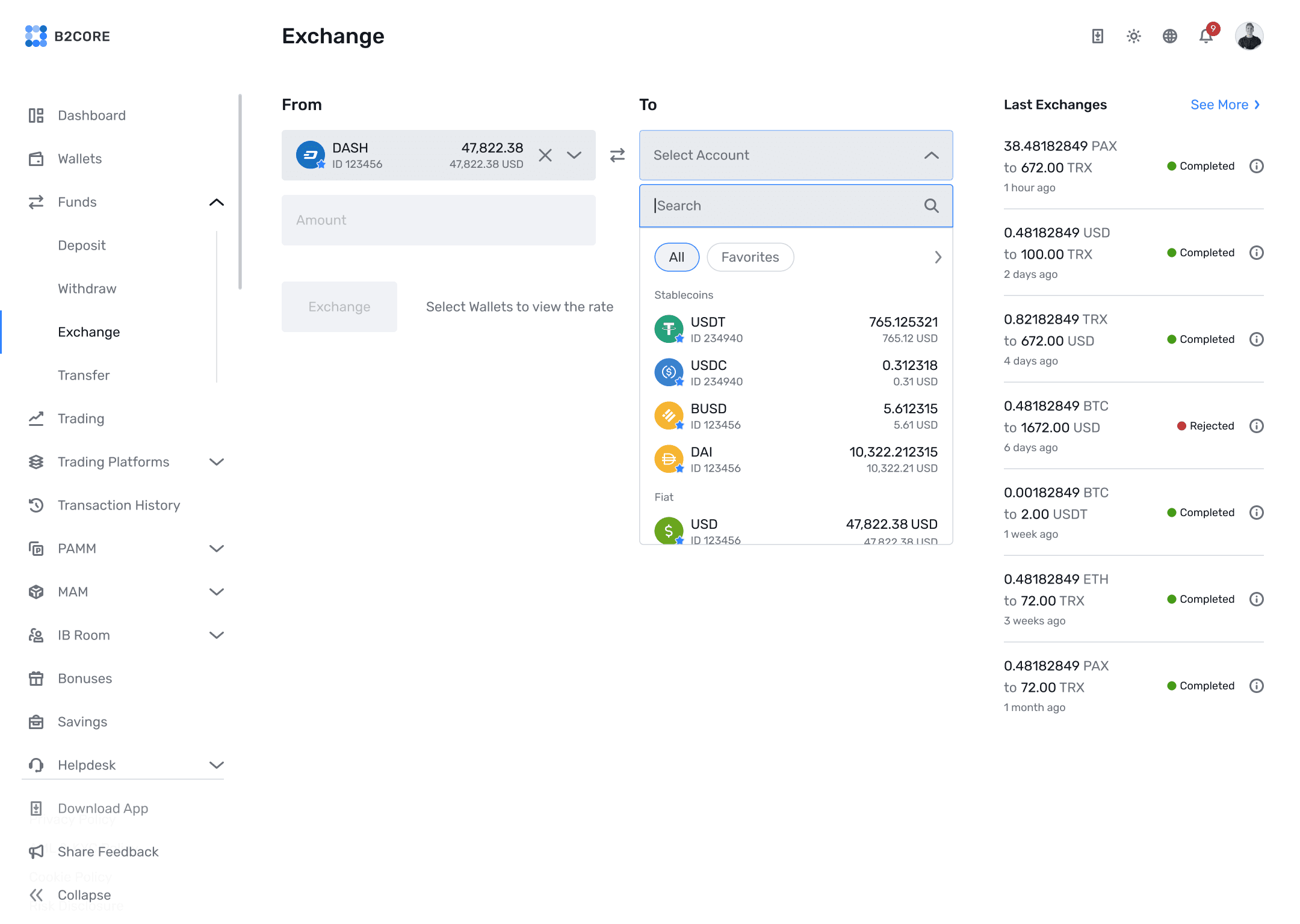B2CORE exchange screen with currency account selector open