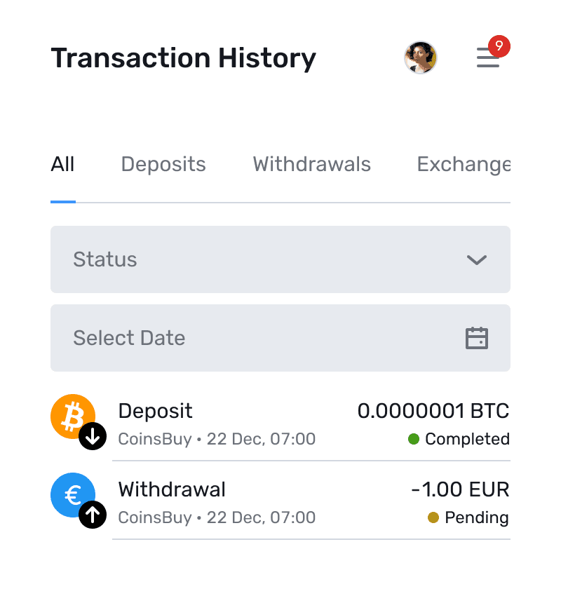 B2CORE transaction history with deposits and withdrawals
