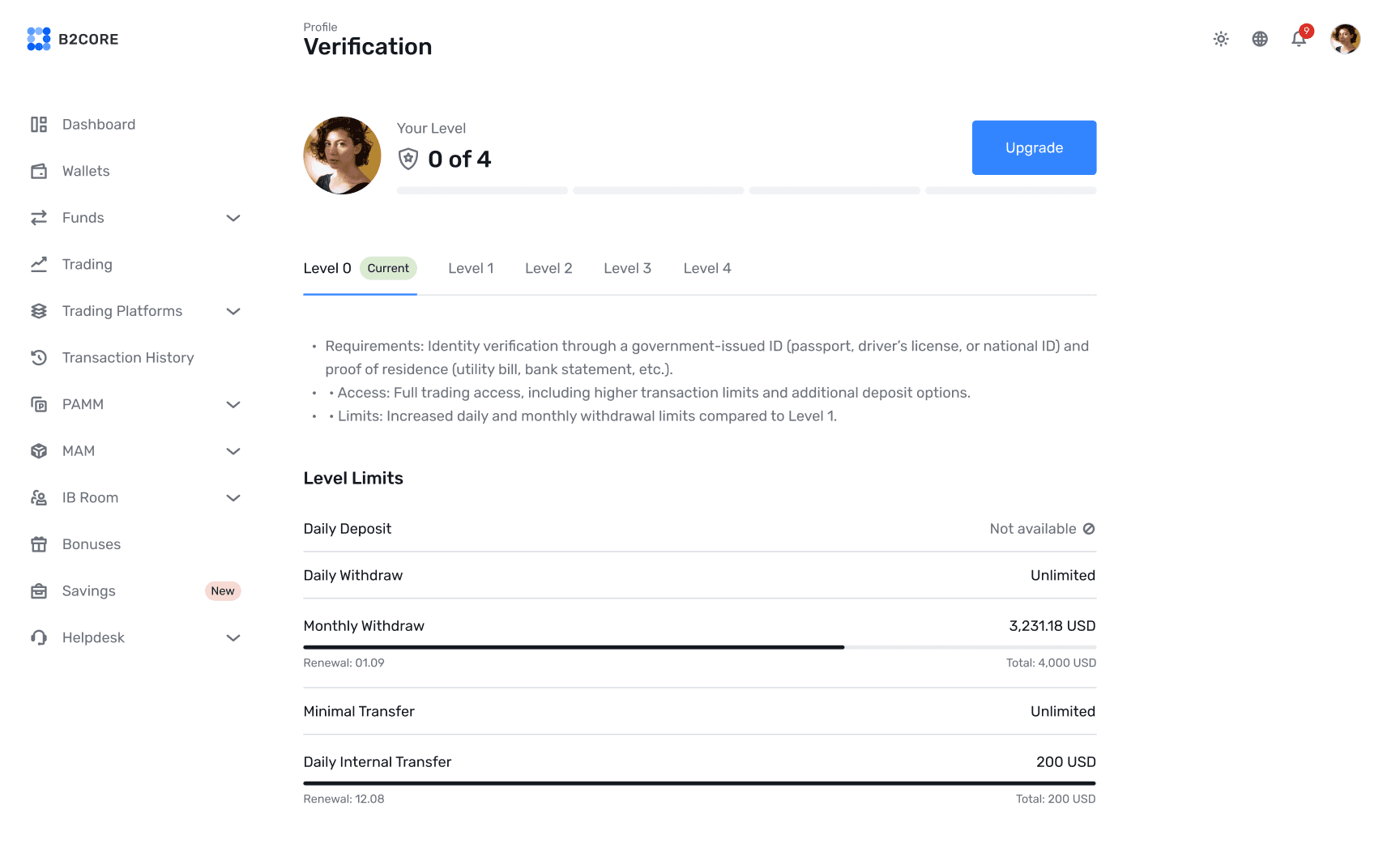 B2CORE profile verification screen with KYC levels and limits