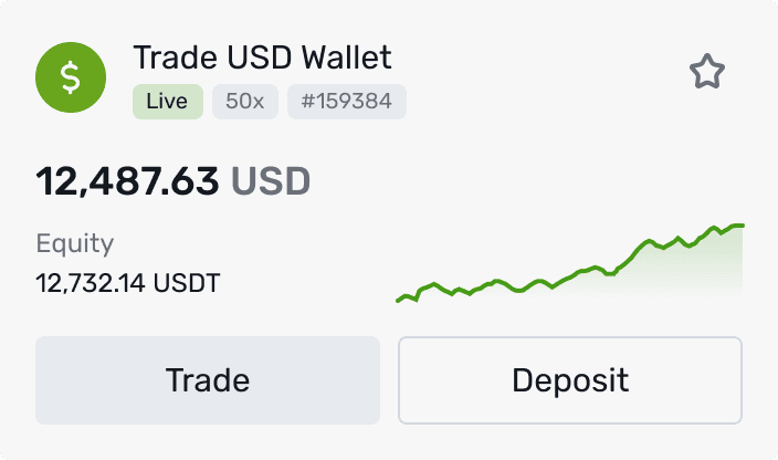 Trade USD Wallet card with balance, equity and quick actions