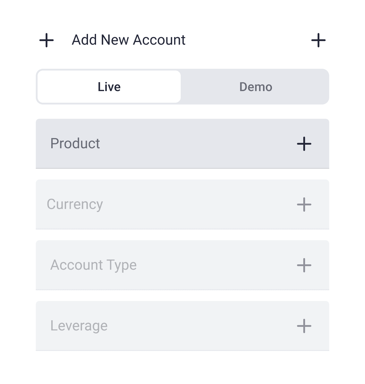 Add new account preferences with product, currency and leverage