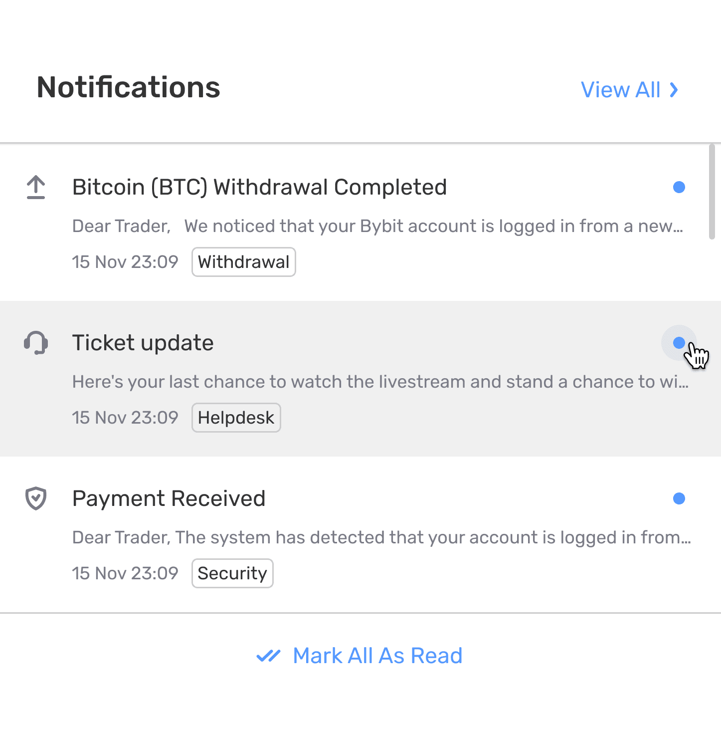 Notifications popover with withdrawal and payment alerts