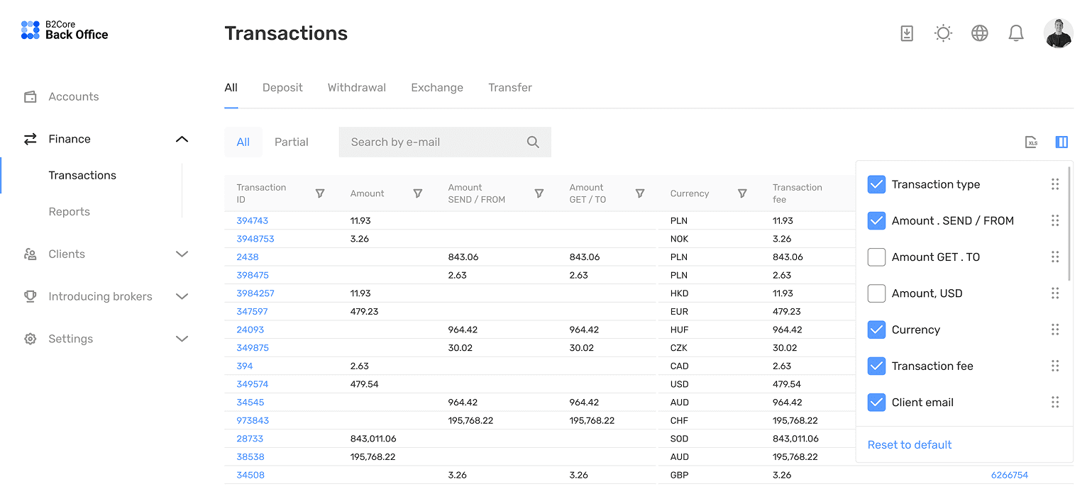 B2CORE Back Office transactions screen with configurable columns and filters