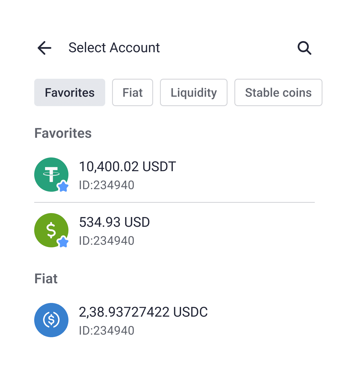 Select account picker with favorites, fiat and stable coins