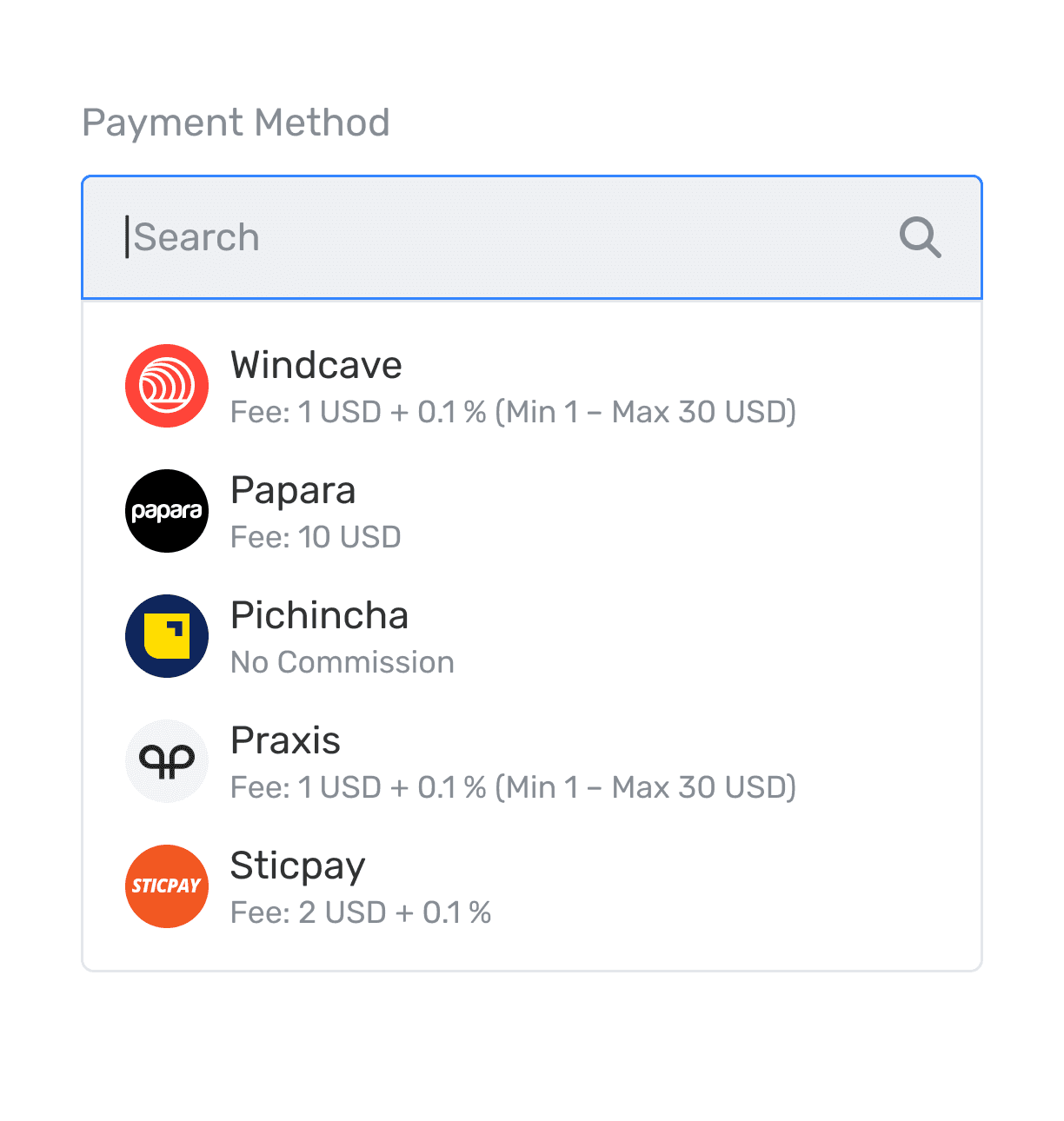 Payment method picker with provider fees