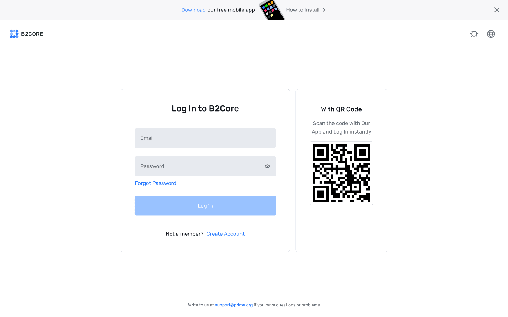 B2CORE login screen with email, password and QR code sign-in