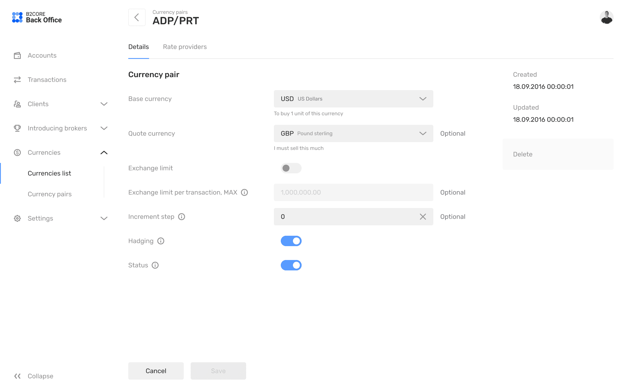 B2CORE back office currency pair configuration with rate providers