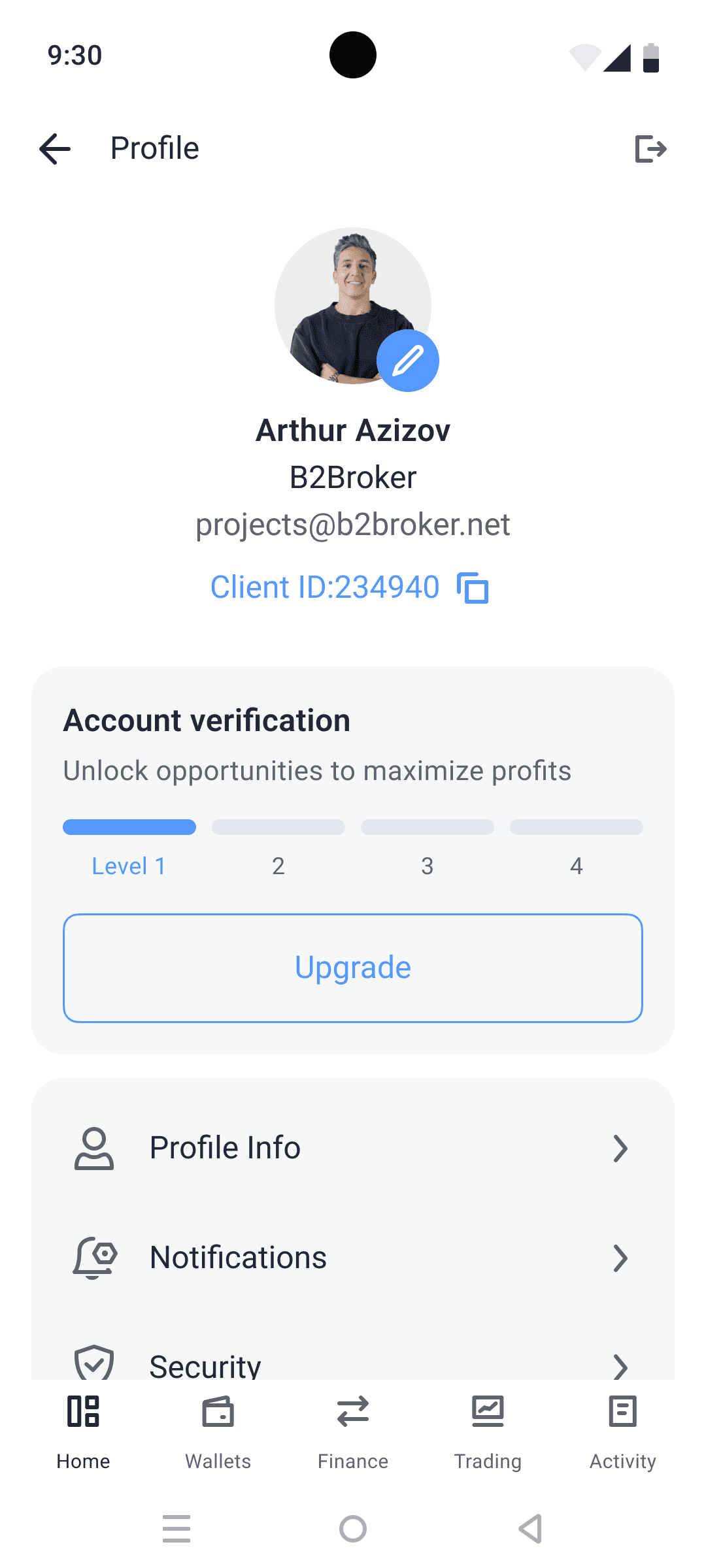B2CORE mobile profile with account verification and quick links