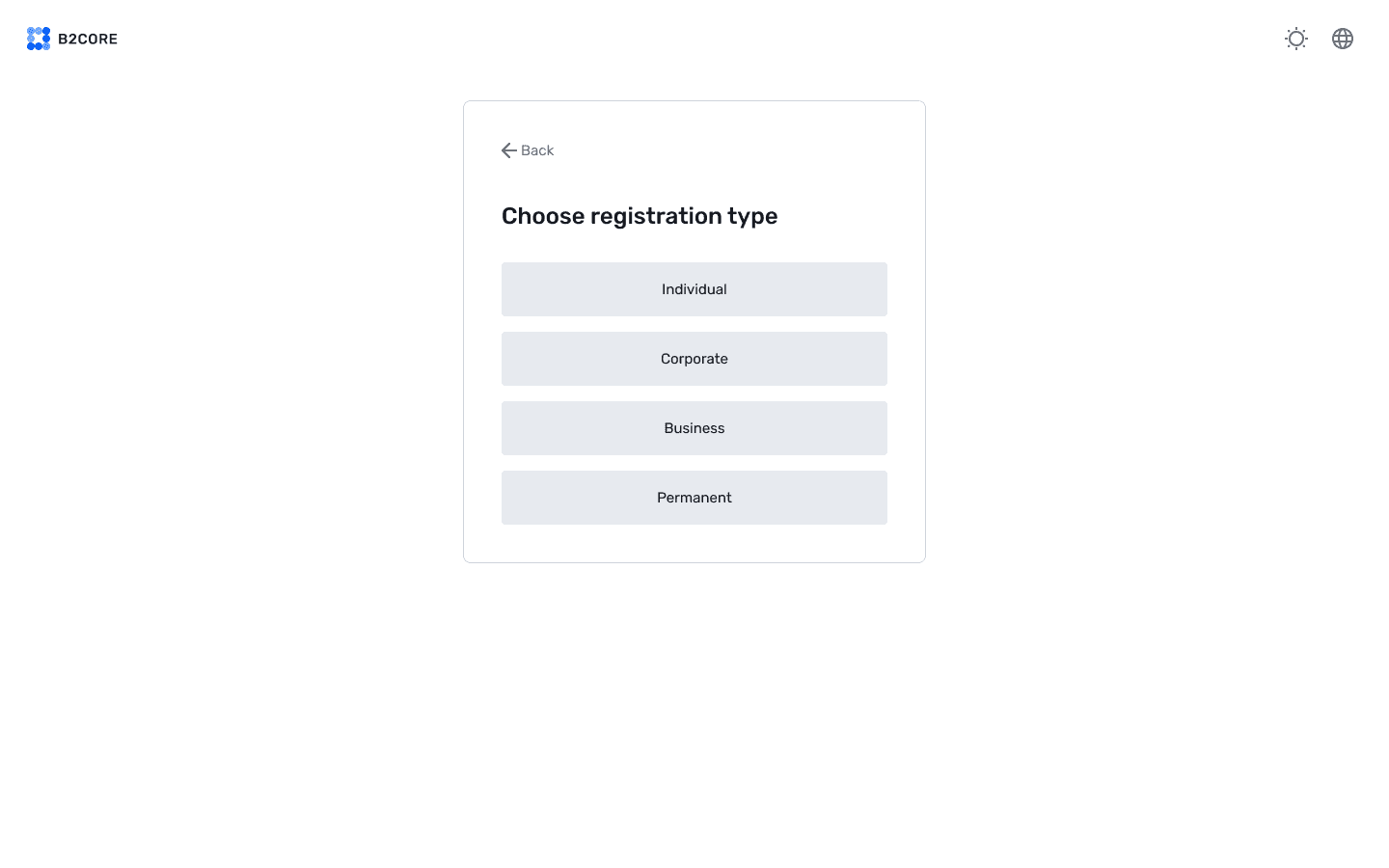 Choose registration type screen with individual and corporate options