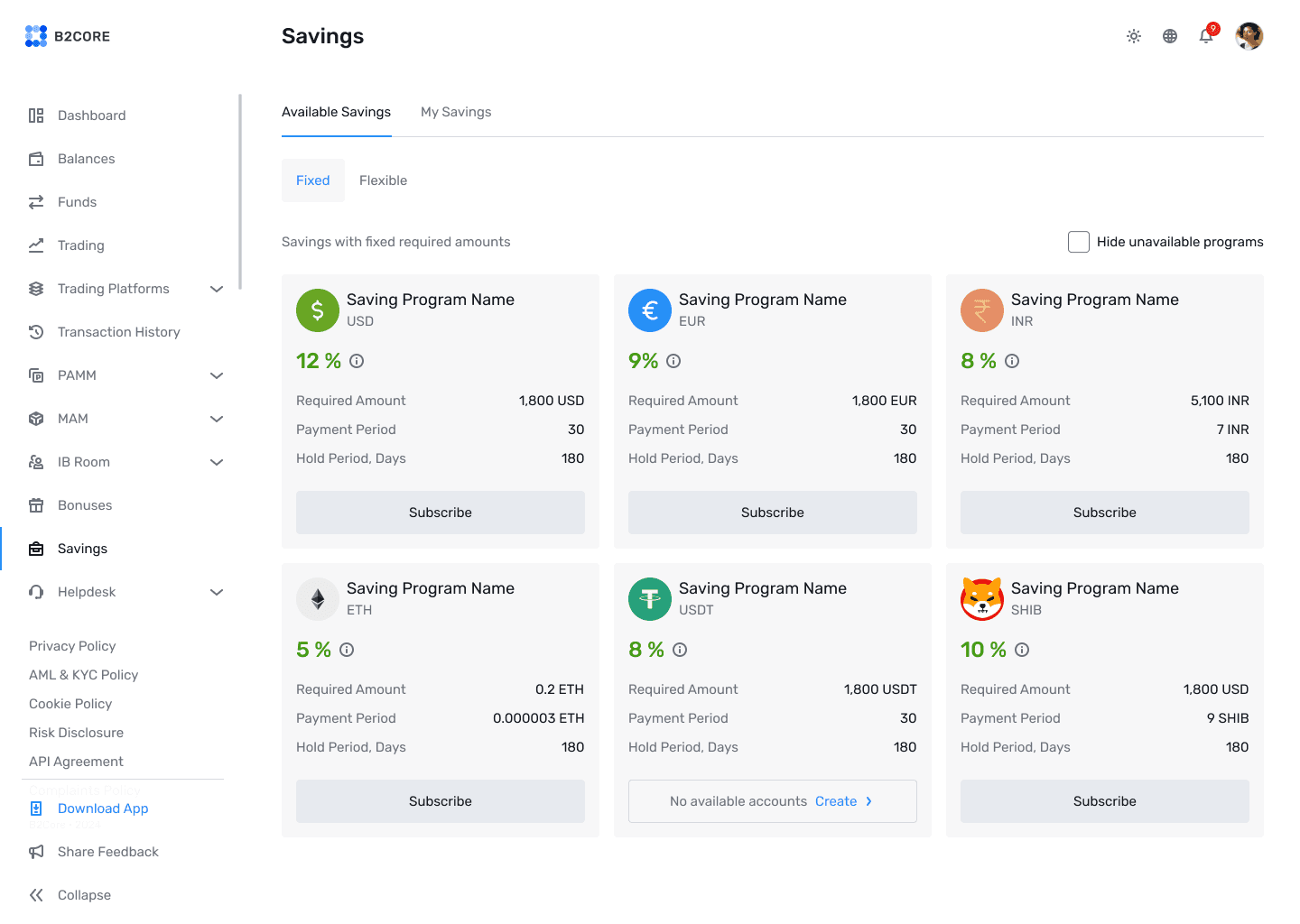 B2CORE Back Office savings presets and plans overview
