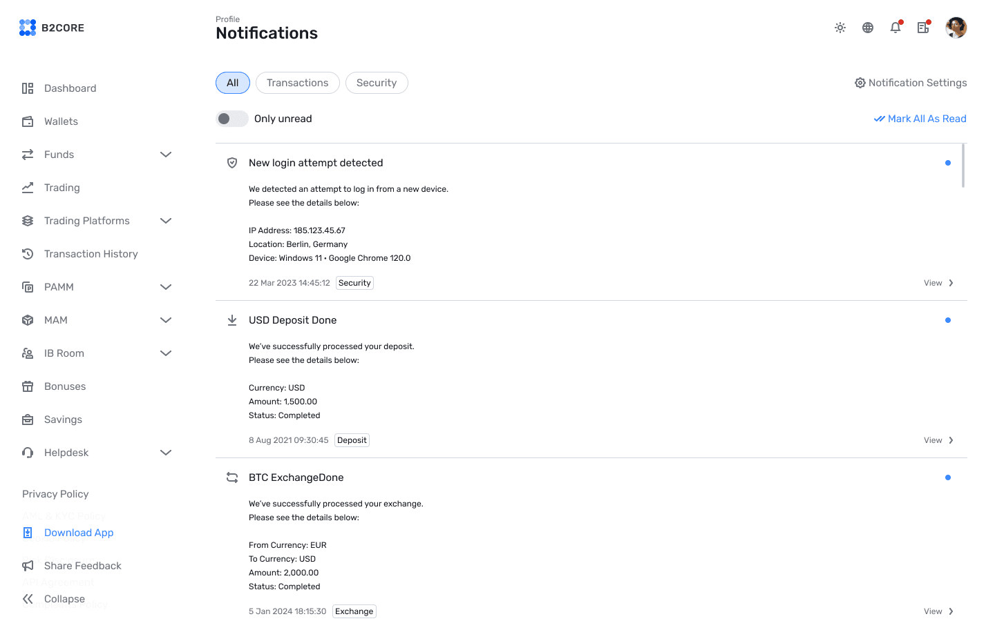 B2CORE notifications screen with security and deposit updates