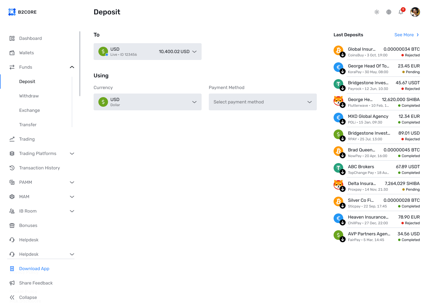 B2CORE deposit screen — choose currency and payment method