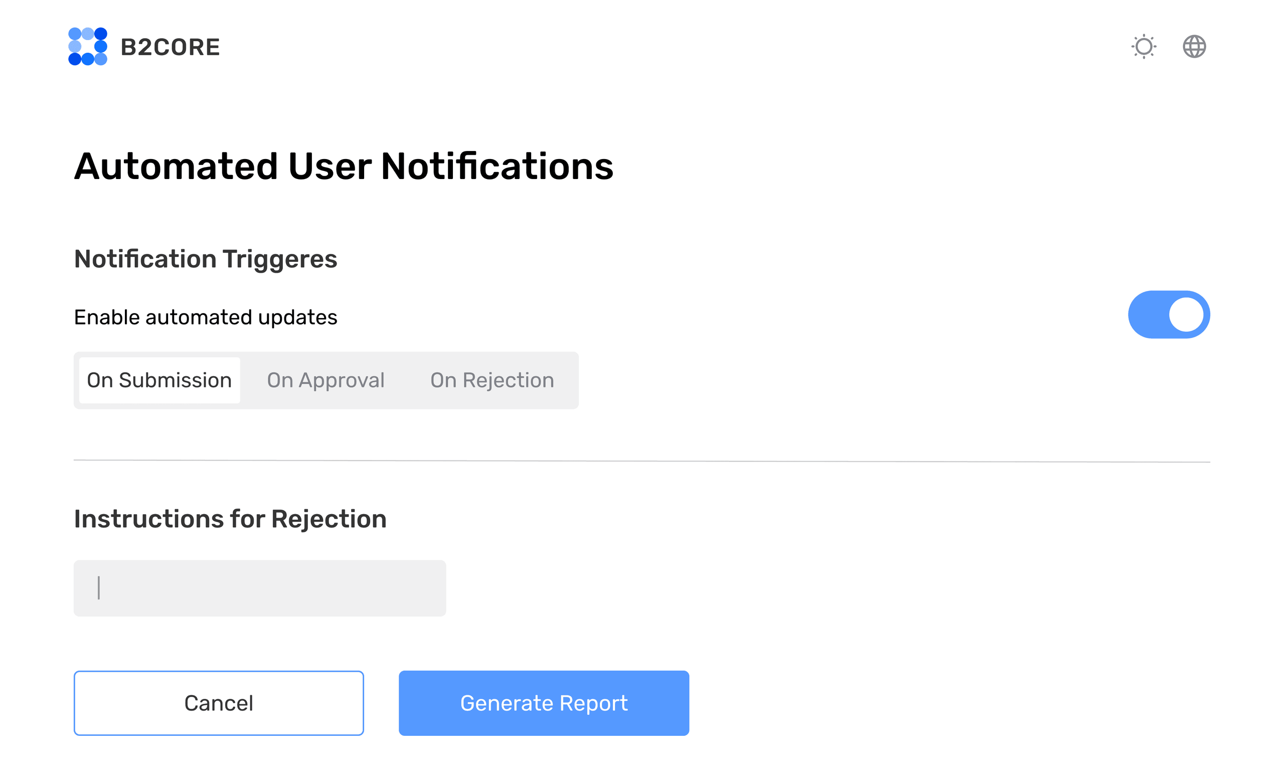 Automated user notifications with triggers on submission, approval and rejection