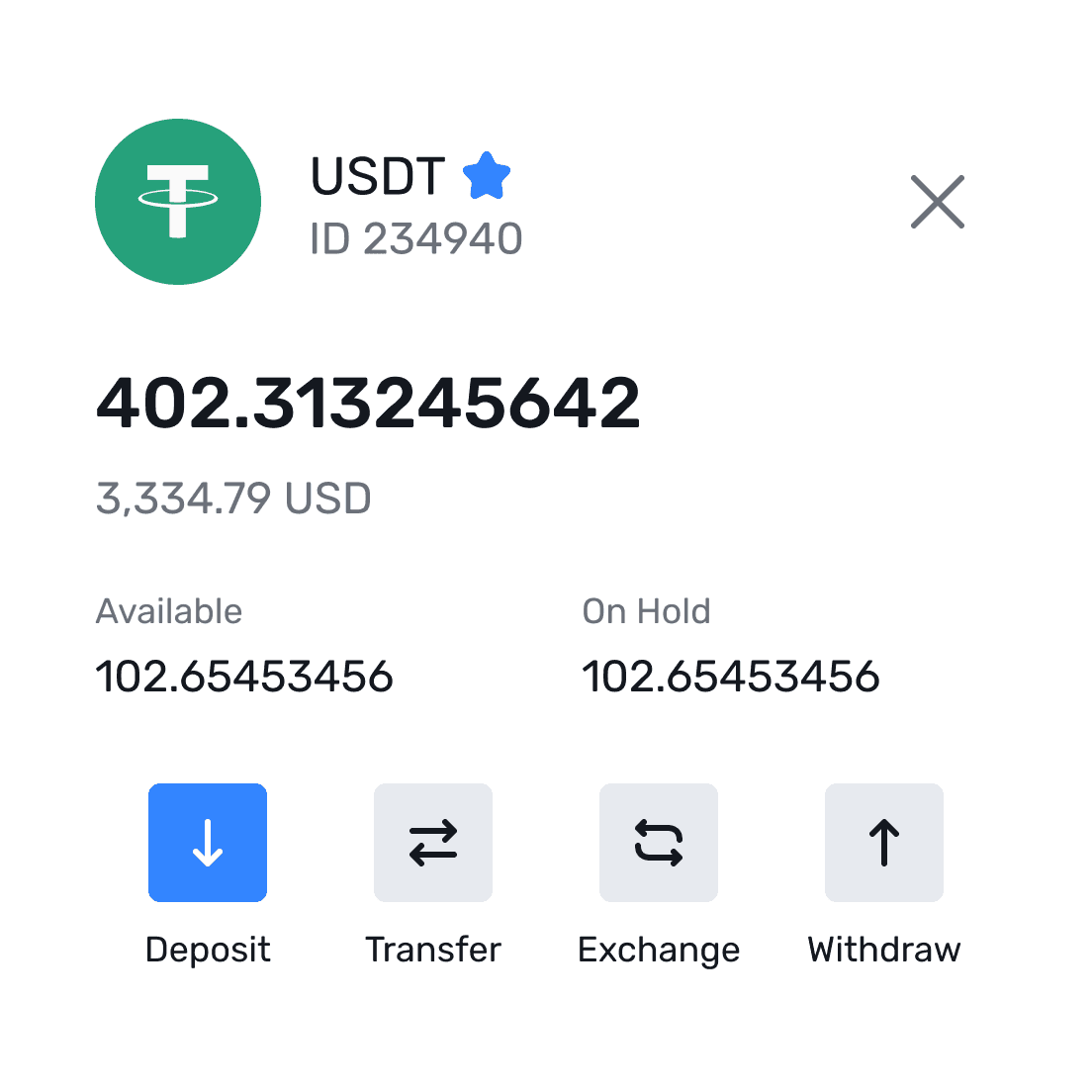B2CORE wallet balance card with deposit, transfer and exchange