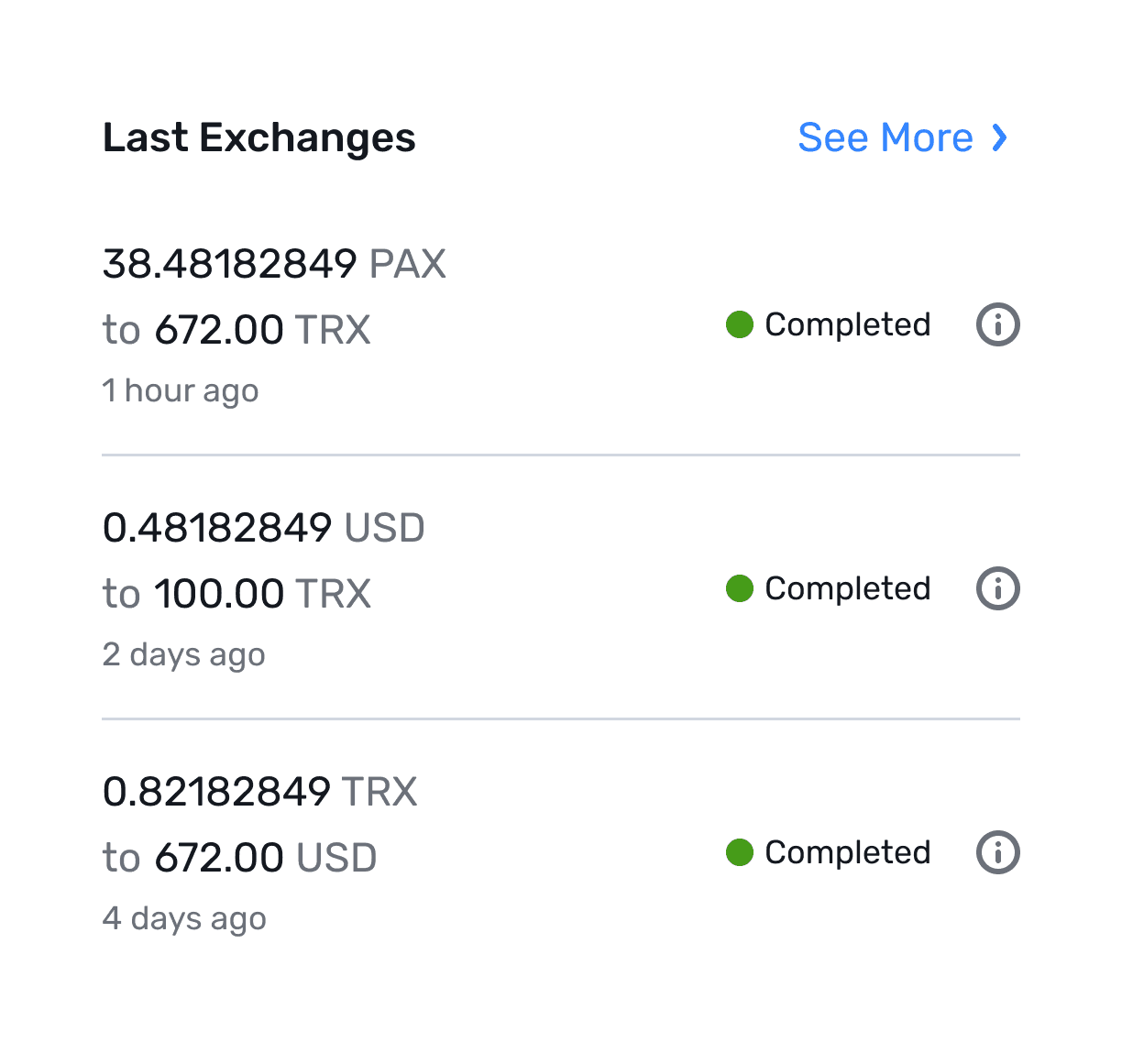 Last exchanges list with completed statuses