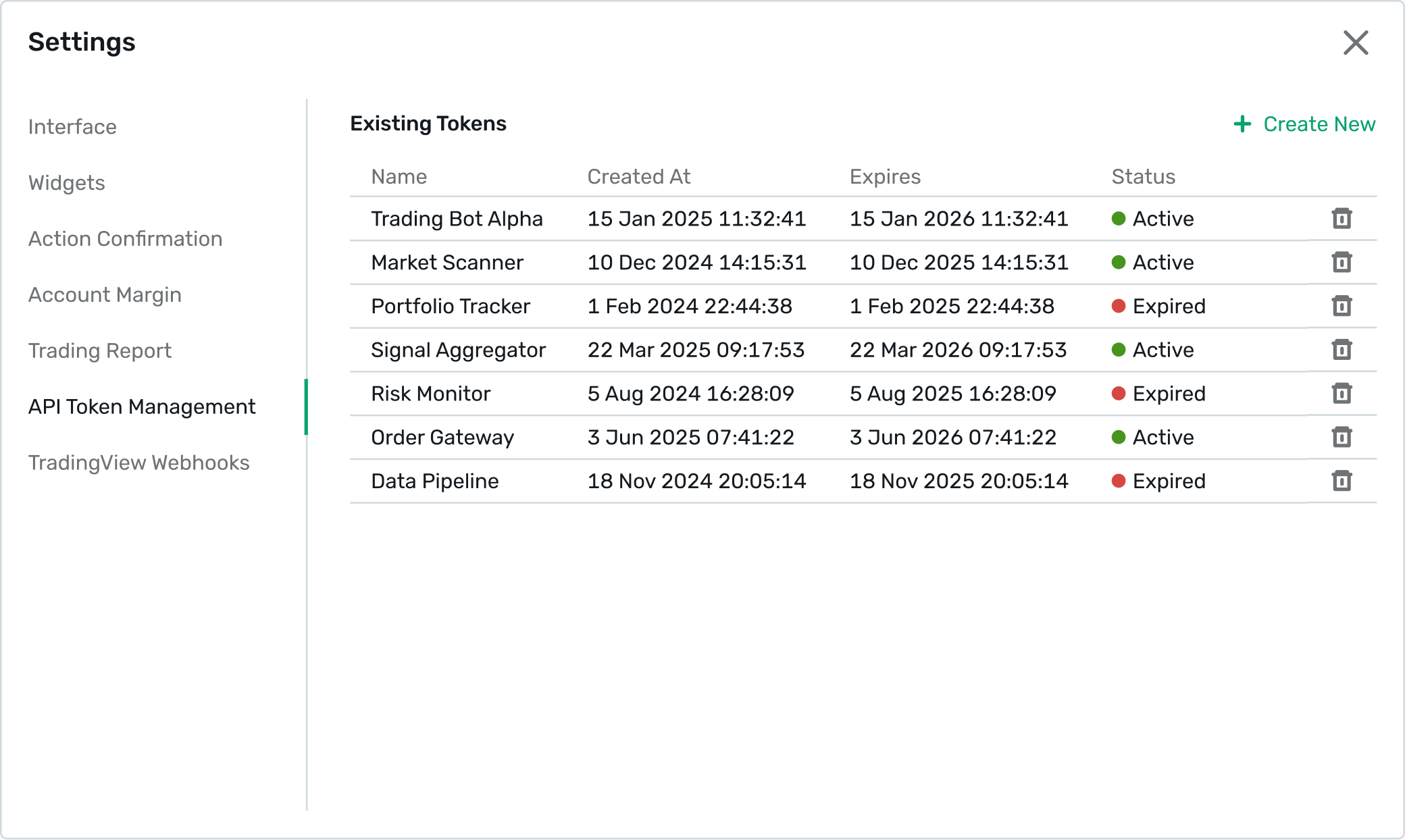 B2TRADER settings screen with API token management and existing tokens list