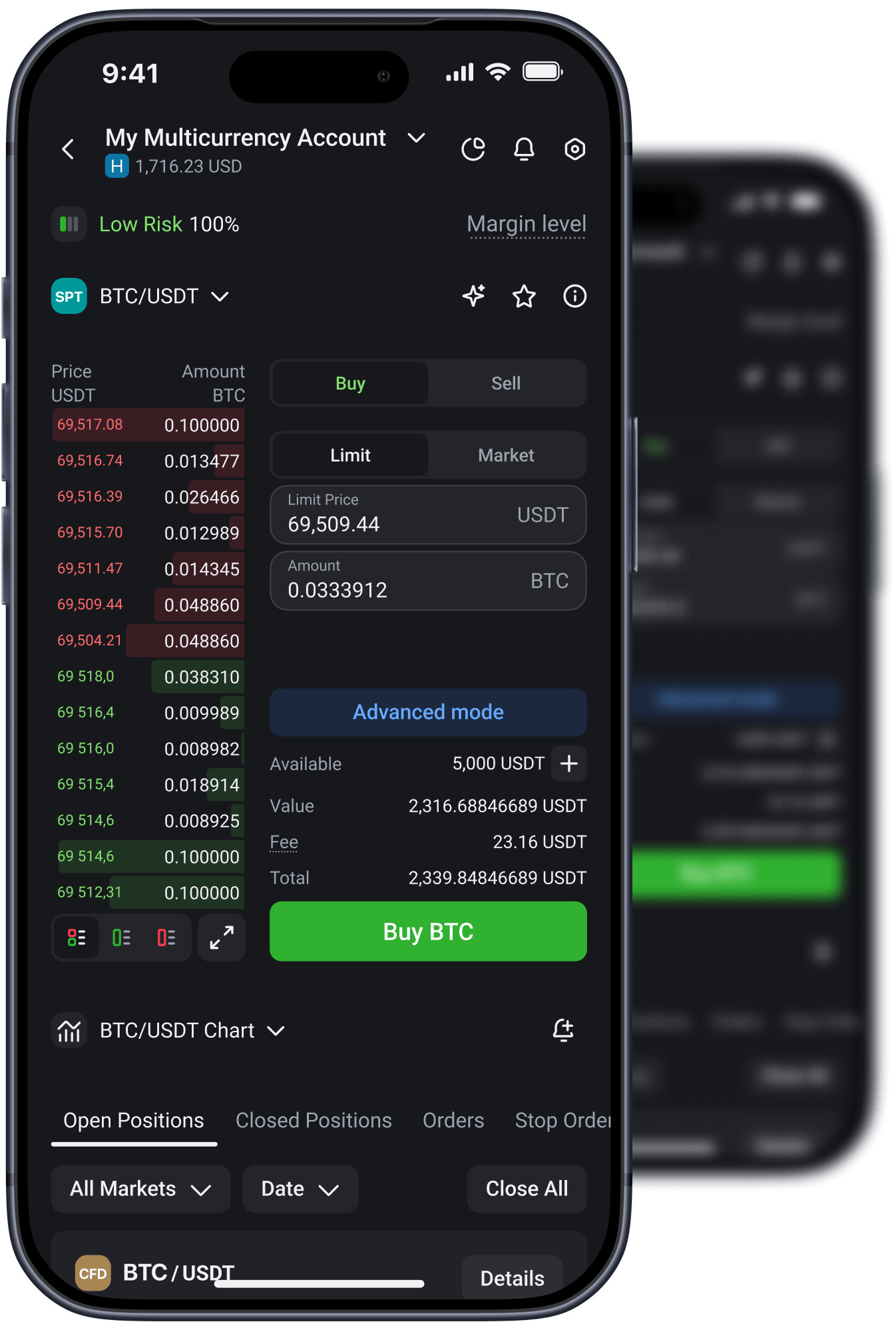 App móvil de B2TRADER mostrando un formulario de orden de cuenta multidivisa y posiciones abiertas