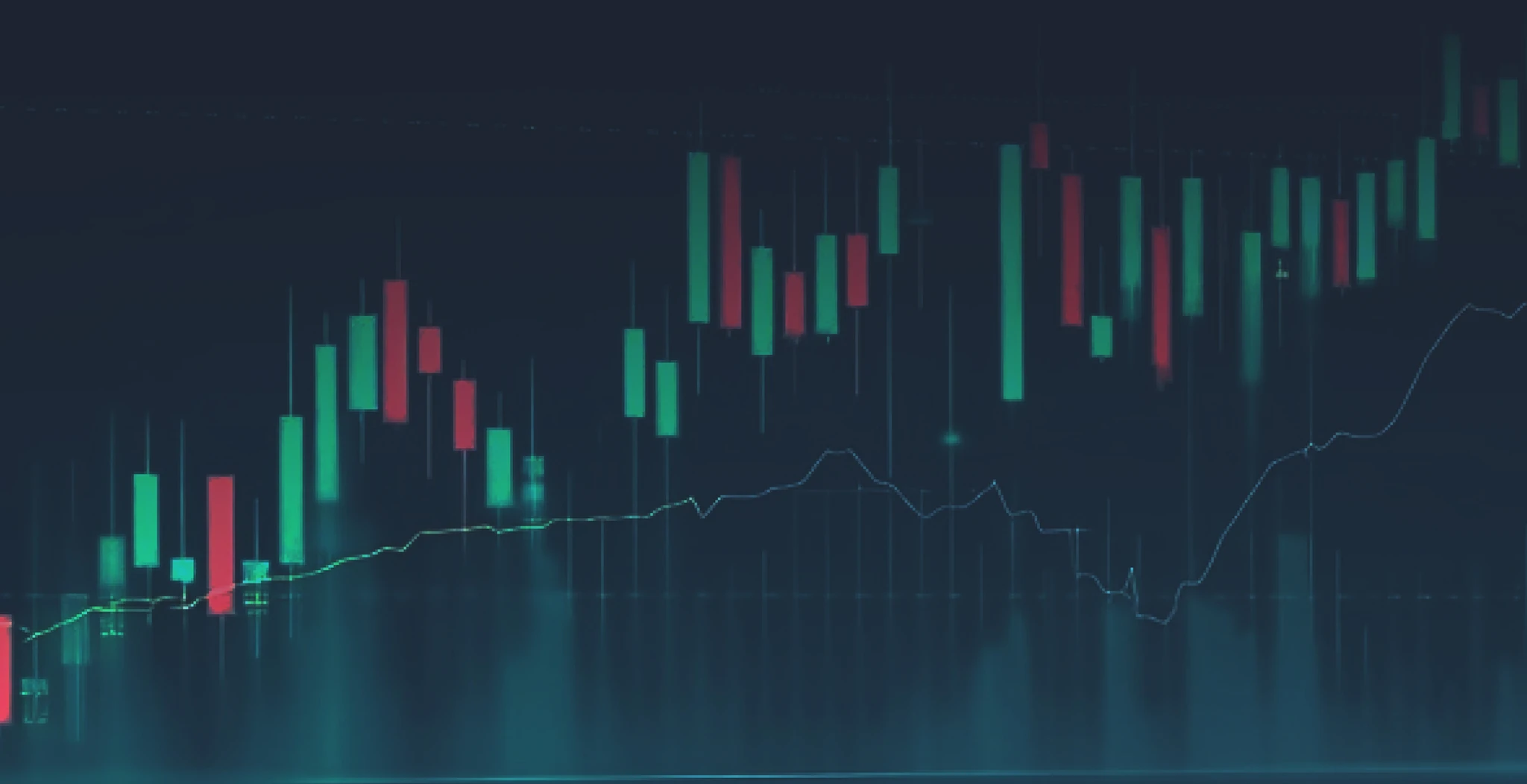 Candlestick chart with a moving average trendline on a dark background