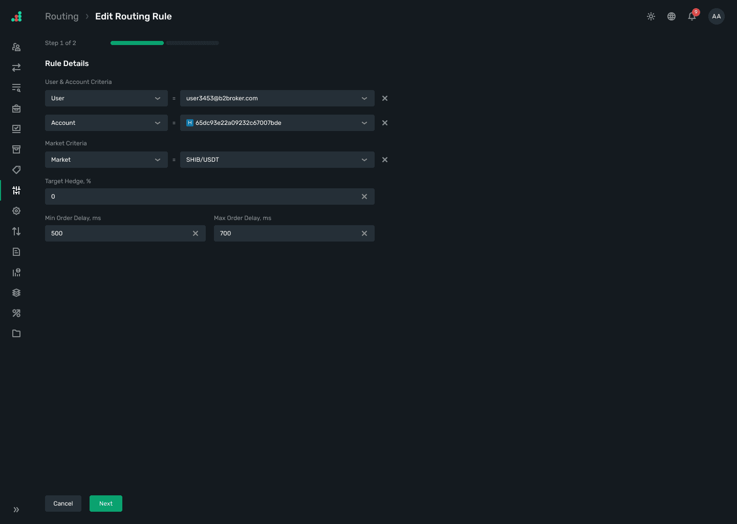 Edit routing rule form in B2TRADER admin