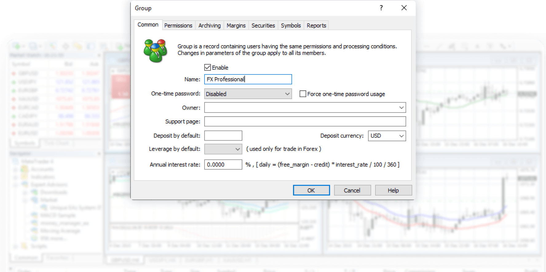 تهيئة الأدوات والمستخدمين والأصول في MetaTrader 4