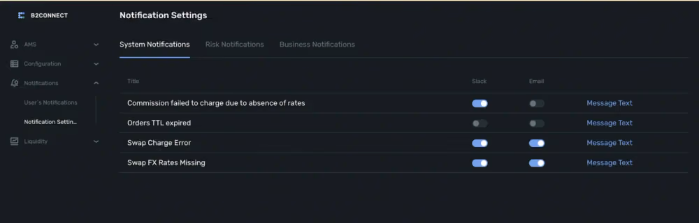 B2CONNECT swap charges added to notification settings