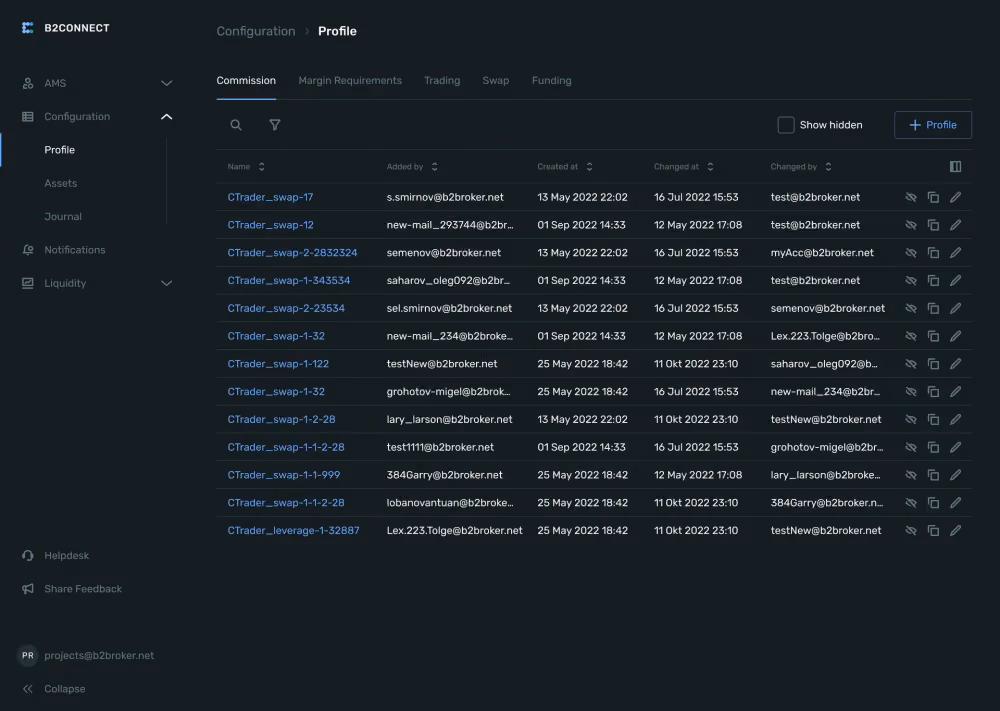 simplified account management system inside b2connect
