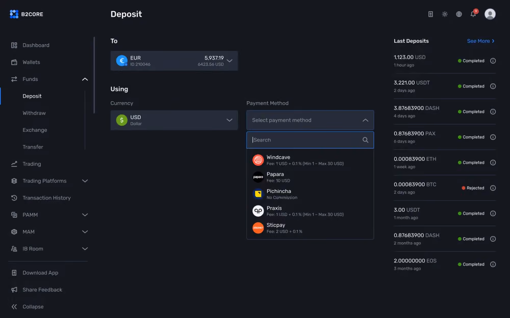 Deposit & Withdrawal Pages