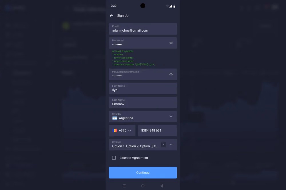 Android sign up process on b2core