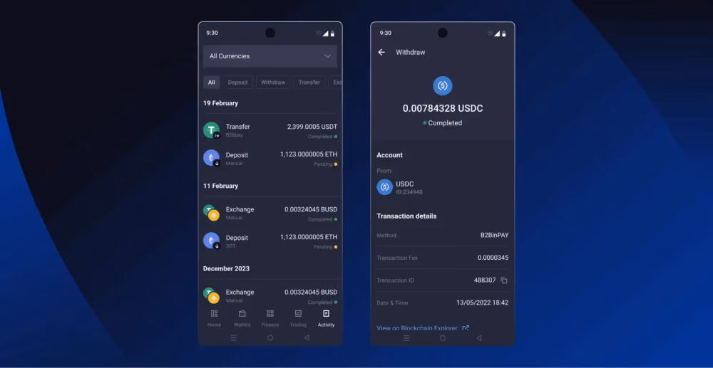 B2CORE Android App's Comprehensive Transaction History